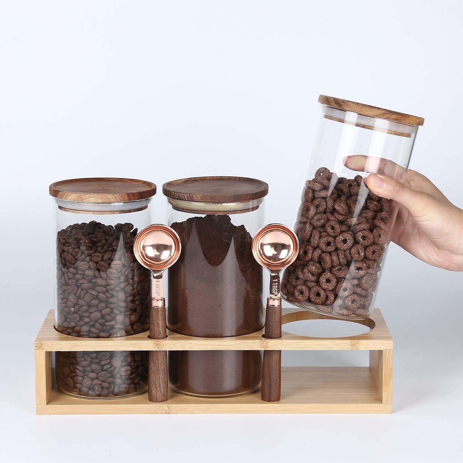 Sealed Glass Food Storage Containers with Airtight Wood Lids and Scoops for