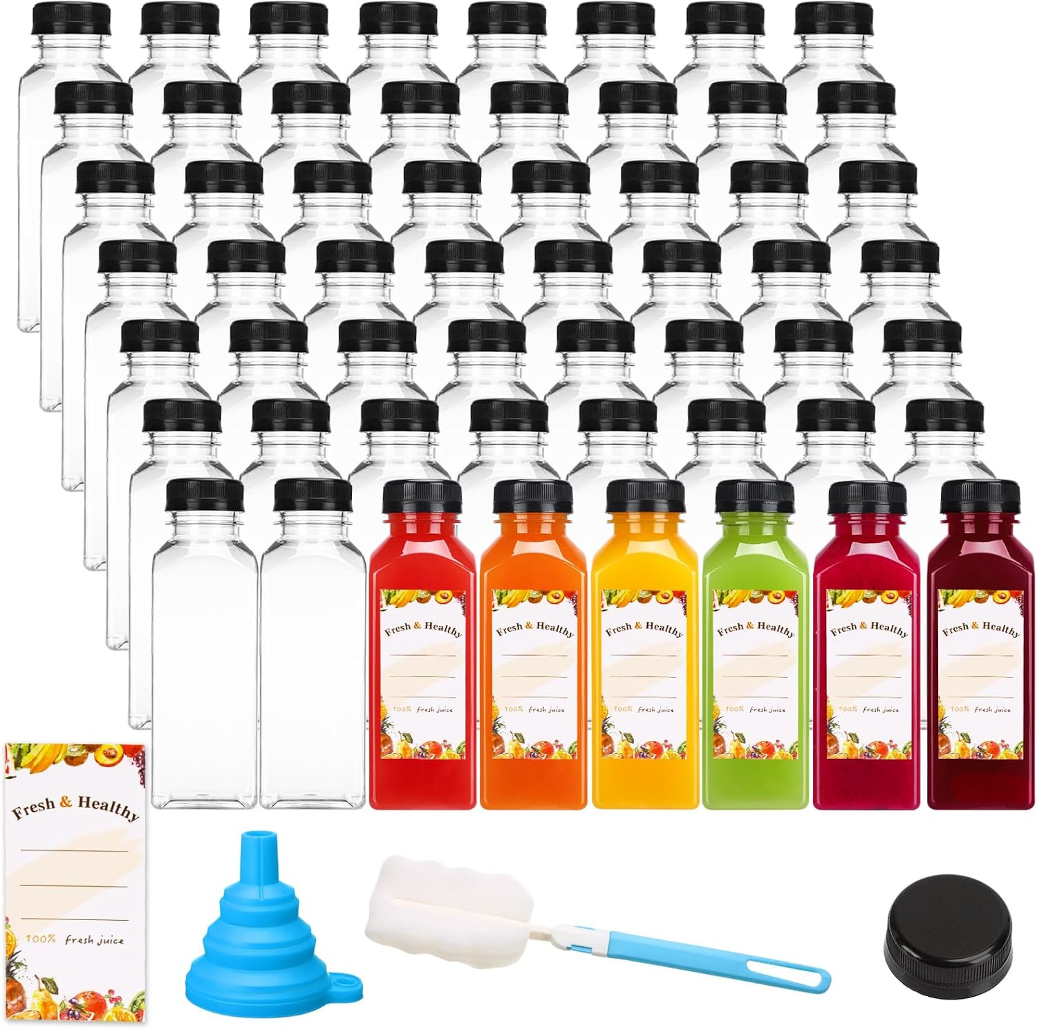 56Pcs 12Oz Juice Bottles with Caps, Plastic Bottles with Brush Funnel and Labels