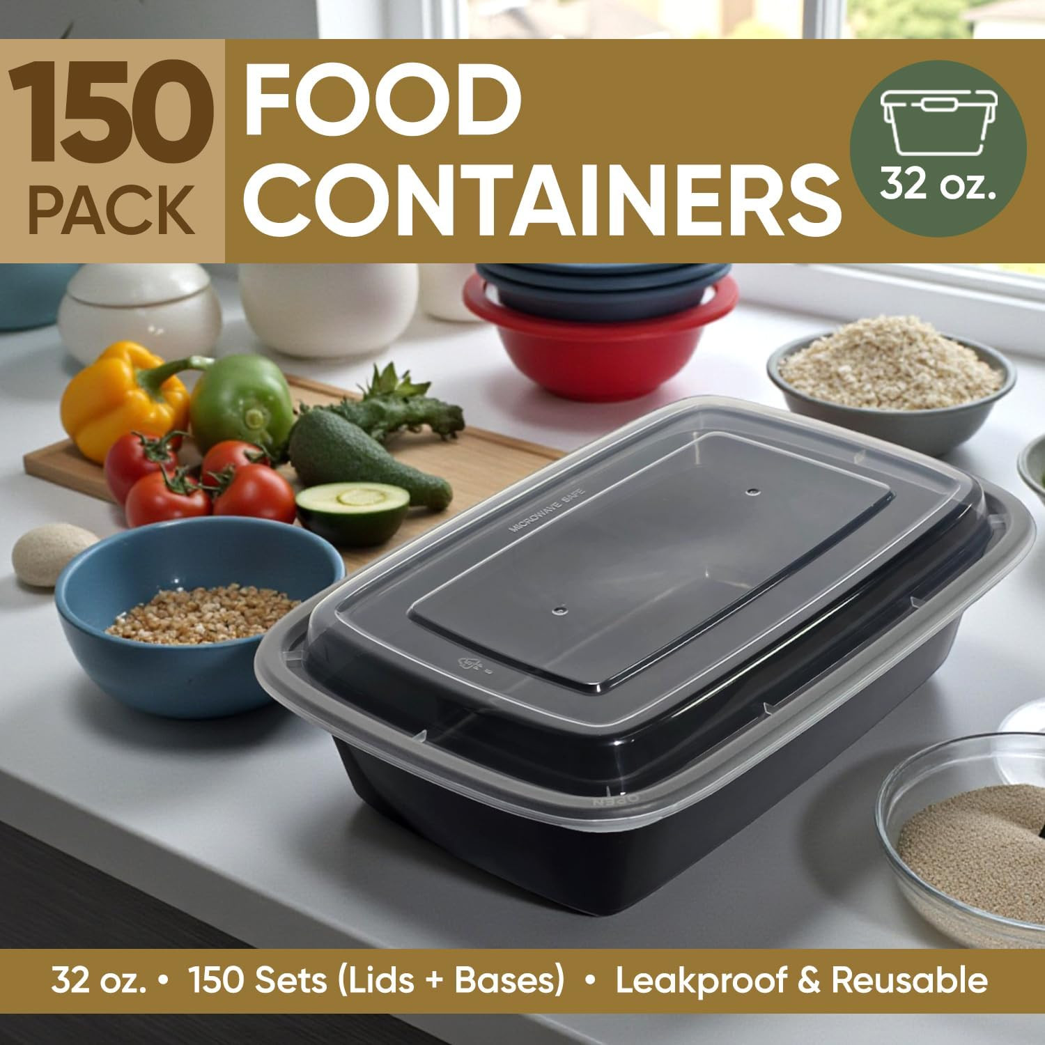 Reusable Meal Prep Containers with Lids – 150 Leakproof 32Oz Food Storage