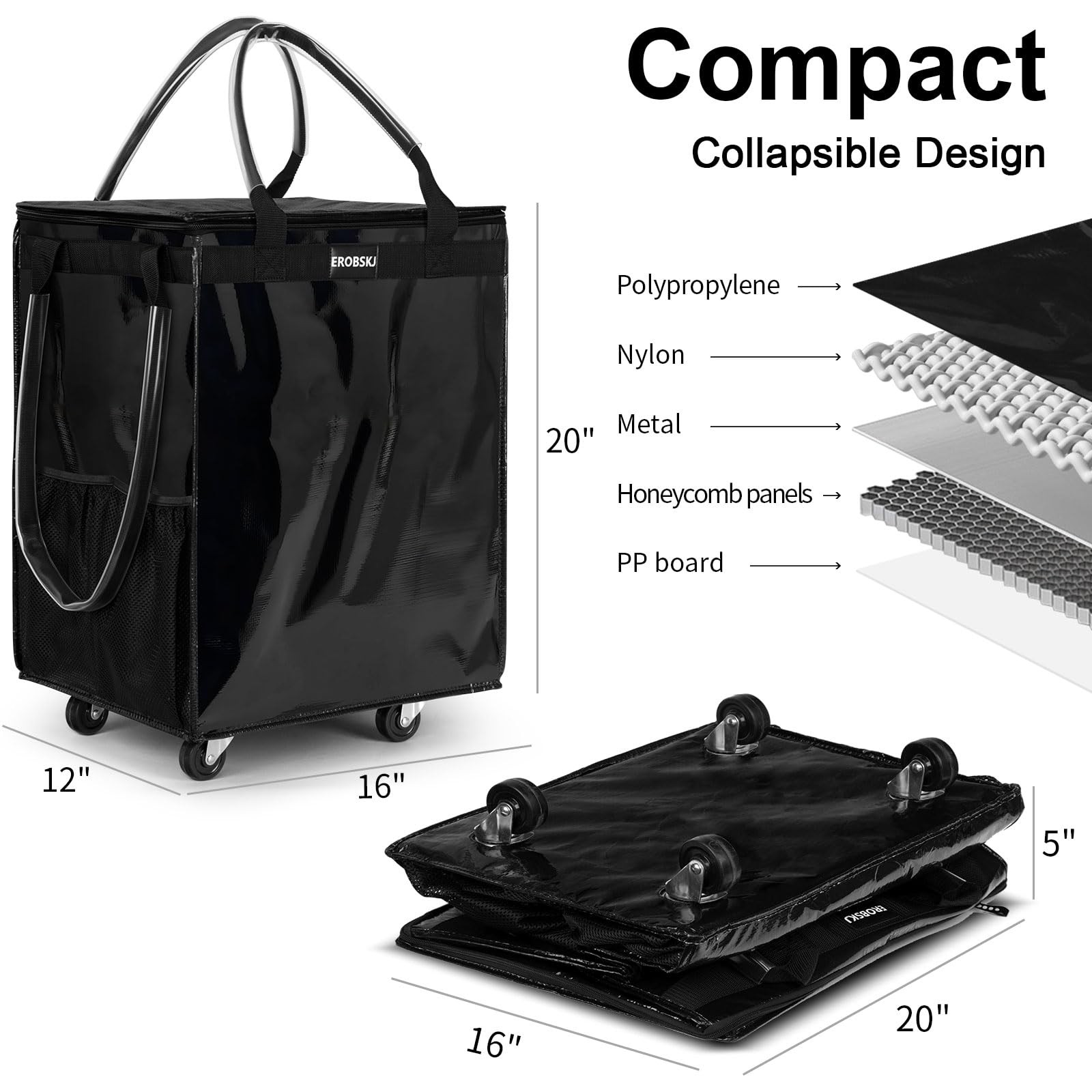 Black 70L Foldable Rolling Grocery Bag on Wheels – Durable & Portable Cart 66lb