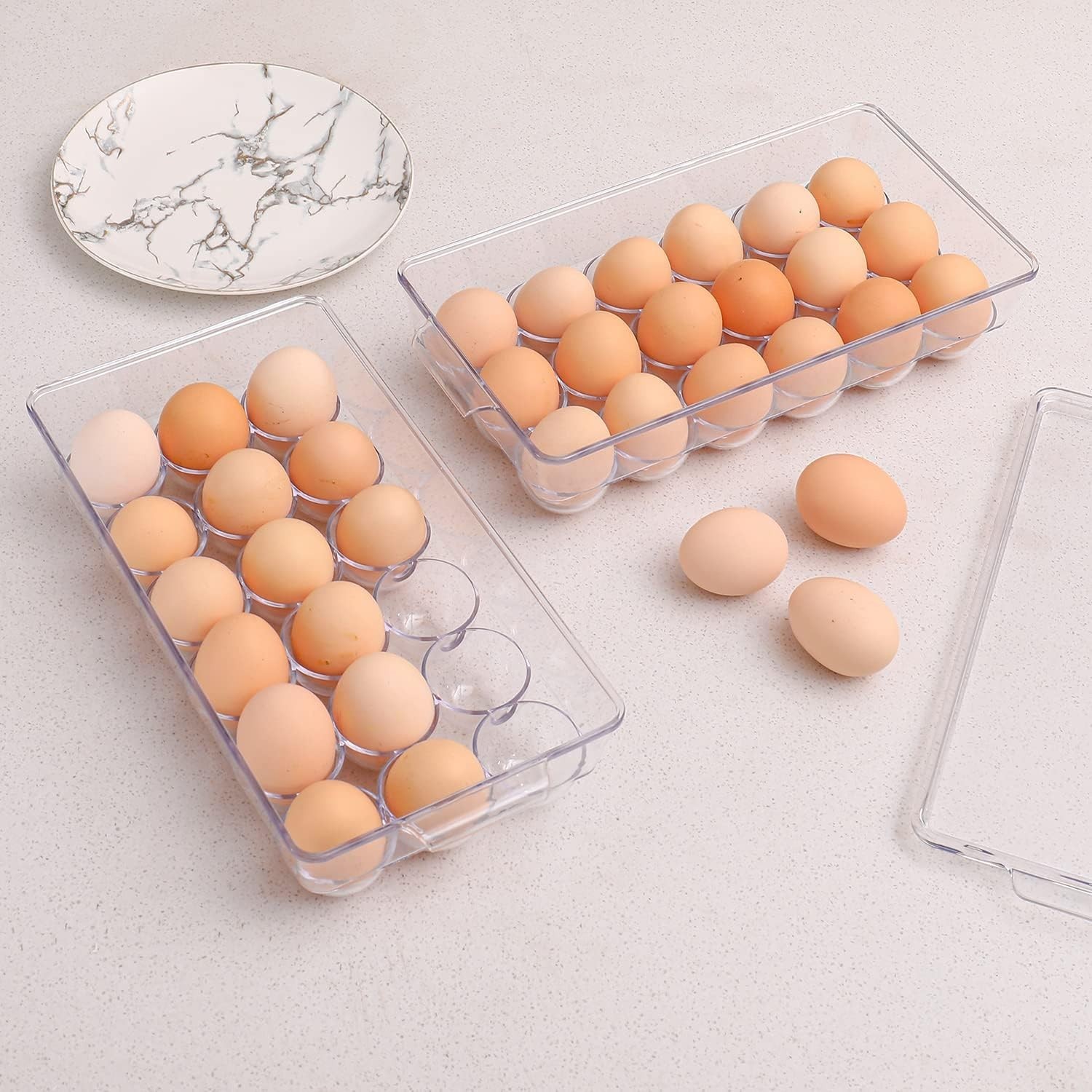 2 Pack Clear Plastic Egg Holders for Refrigerator, Stackable, Holds 18 Eggs