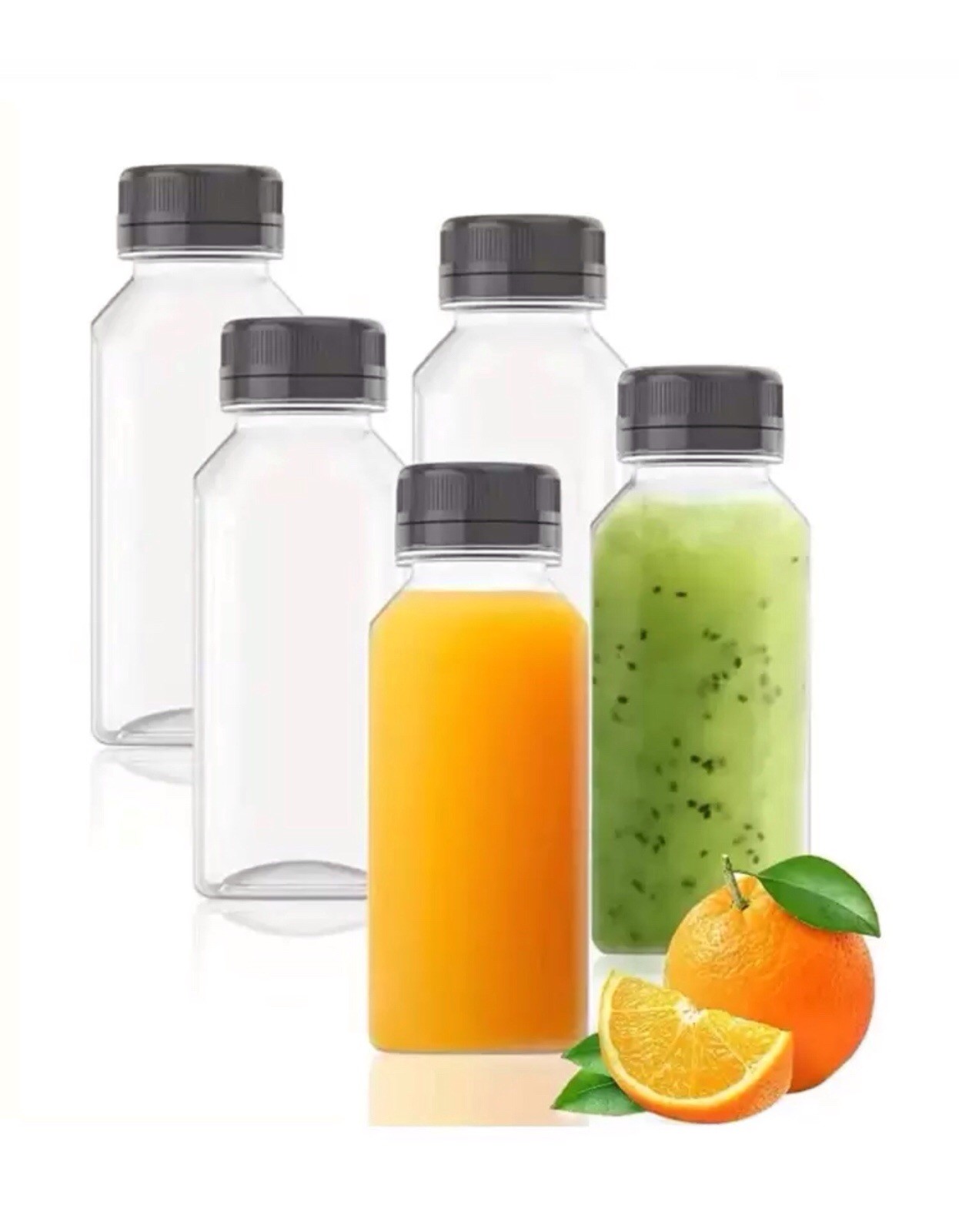 5 Pack 250ml Plastic Juice Bottles With Black Caps Reusable Beverage Containers