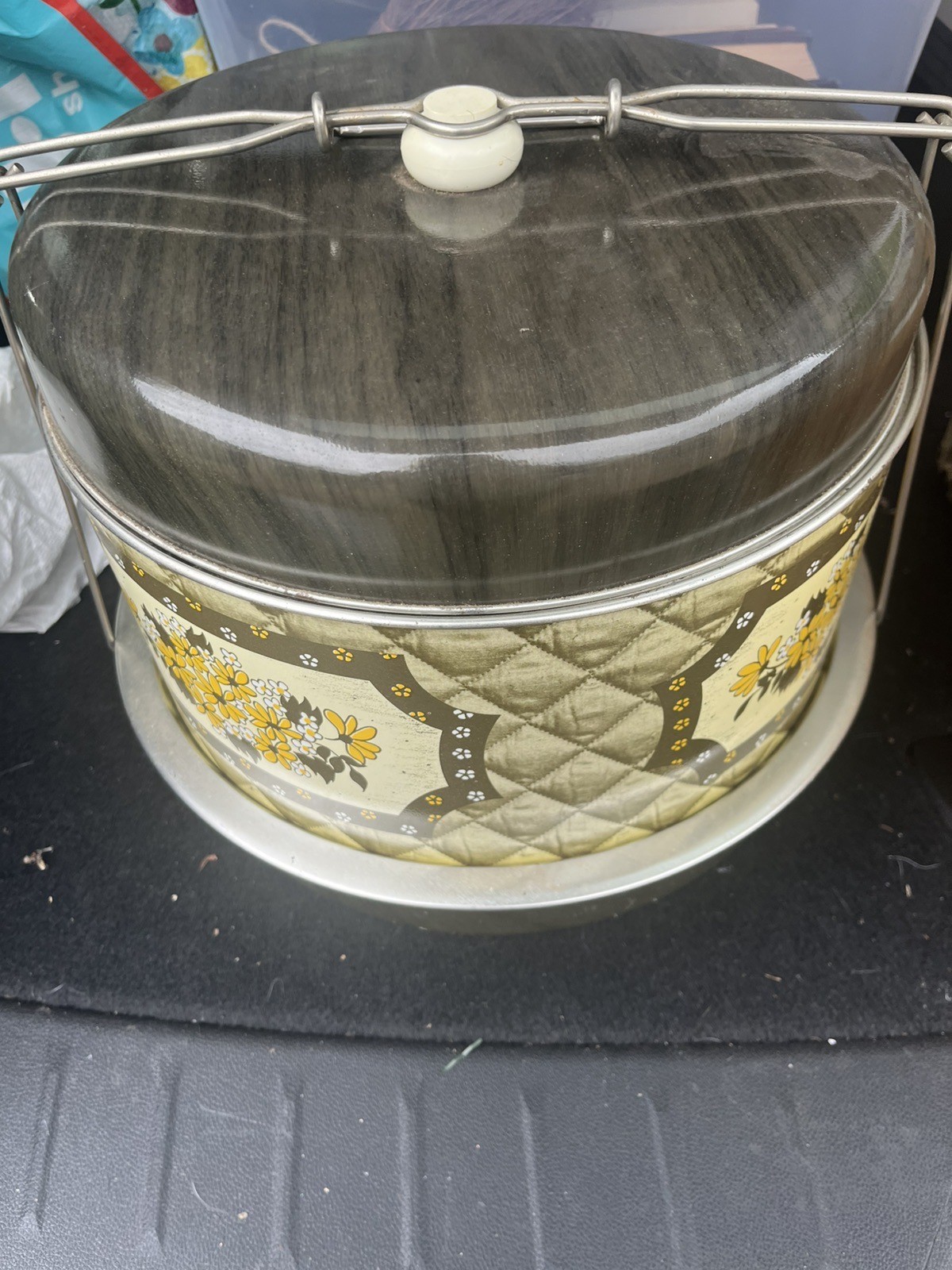 Vintage Triple Decker Food Carrier by J.L. Clark Daisies Flowers Yellow