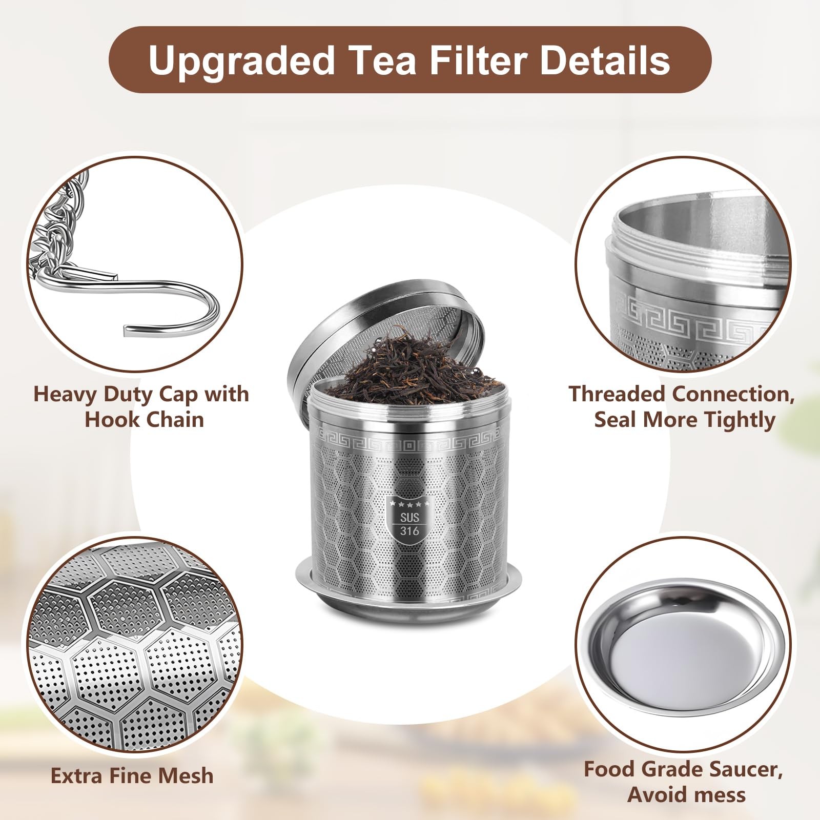 316 Stainless Steel Tea Strainer for Loose Leaf (1, Large) Large, Silver