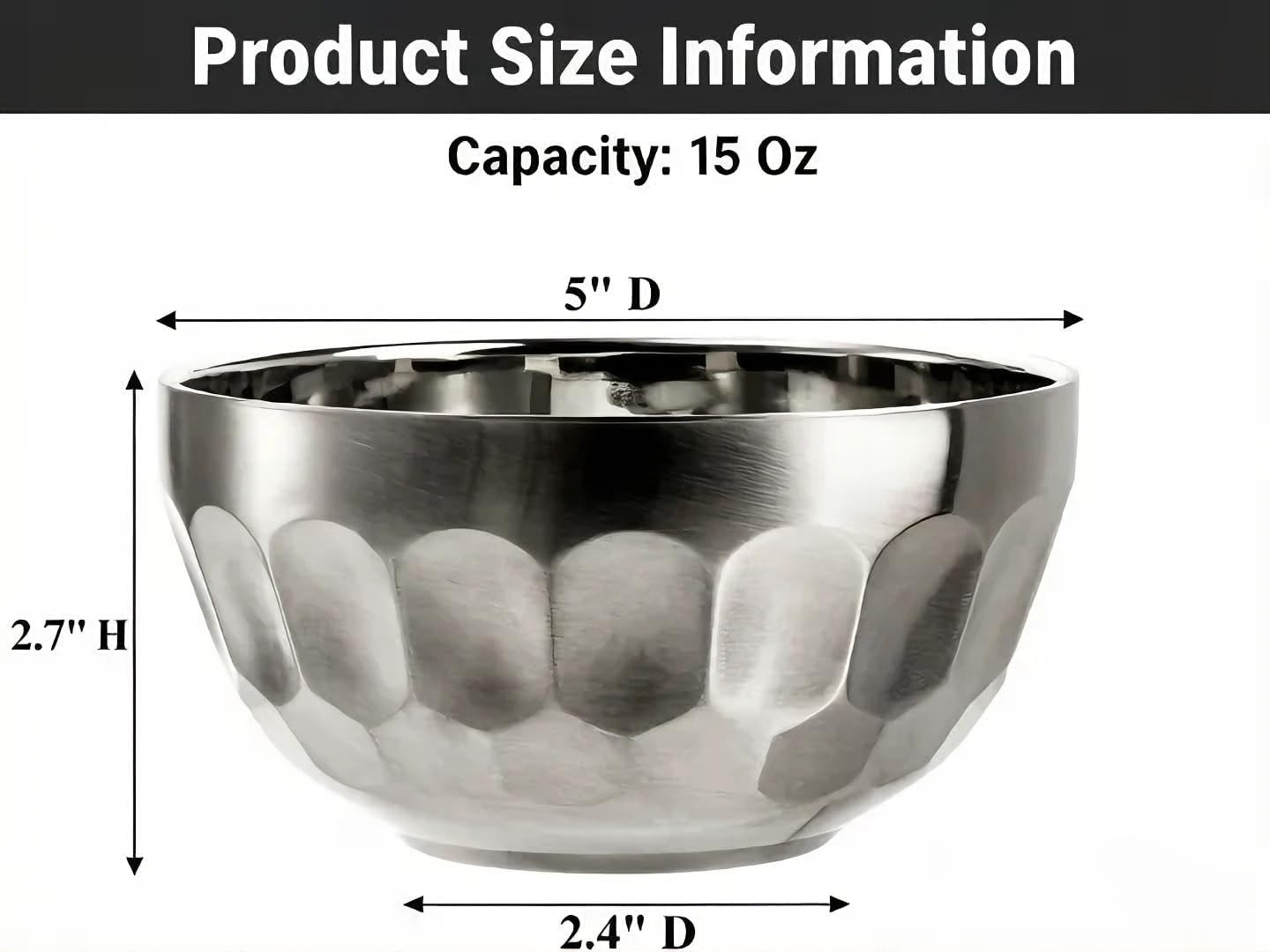 6 Pack 18/8 Stainless Steel Snack & Soup Bowls, 15 Oz Non-slip Double-walled Ins