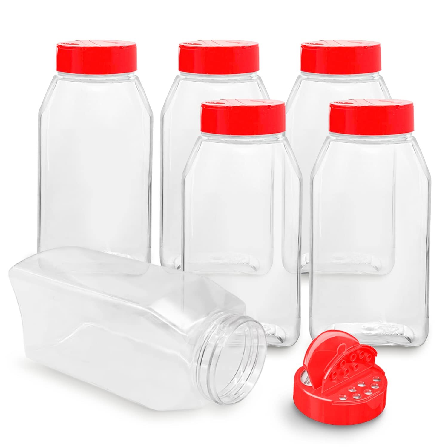6 Pack 32 Oz Plastic Spice Jars with Red Cap, Clear and Safe Plastic Bottle