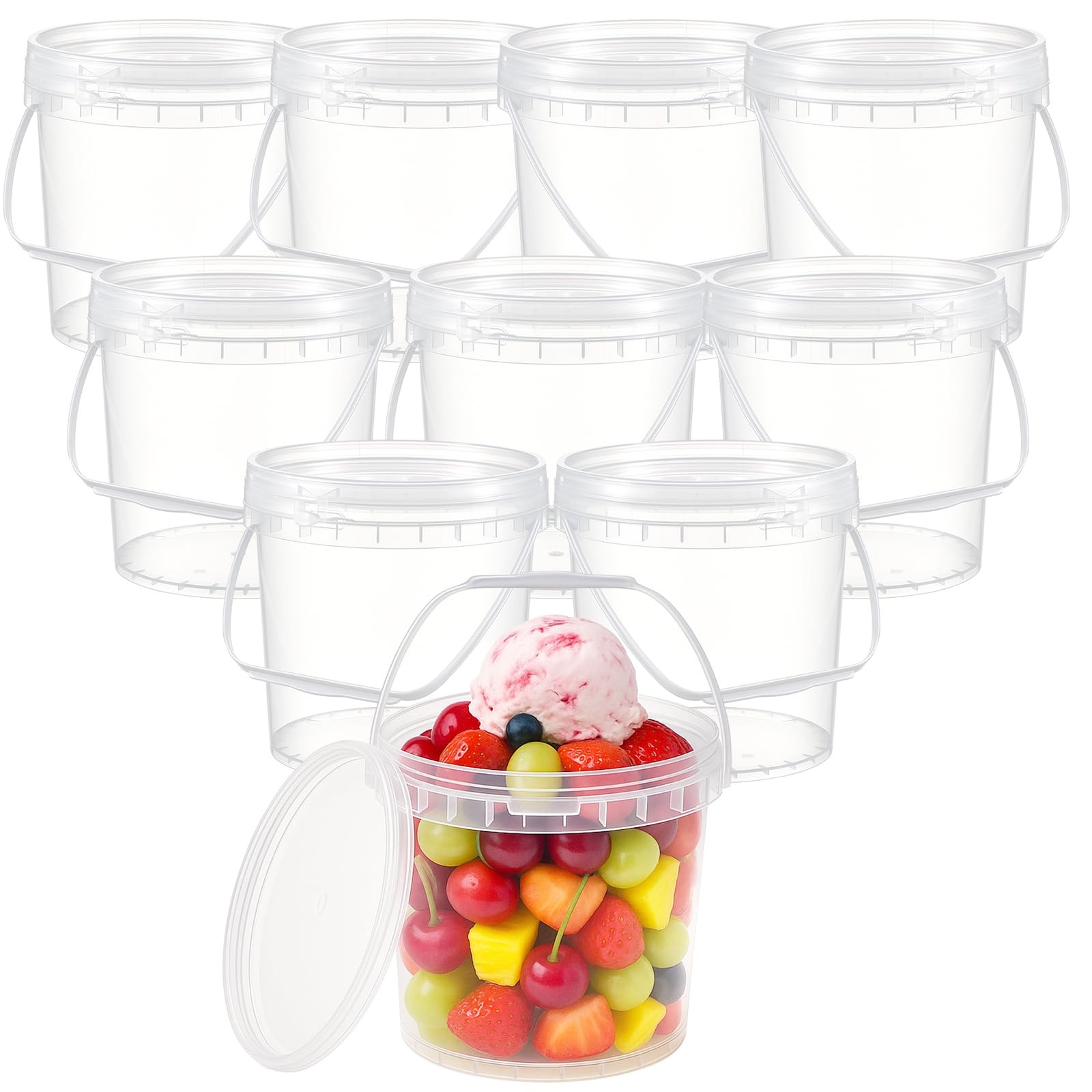 10 Pack 1 Gallon / 128 oz / 3.8 L Clear Plastic Bucket with Handle and Lids F…