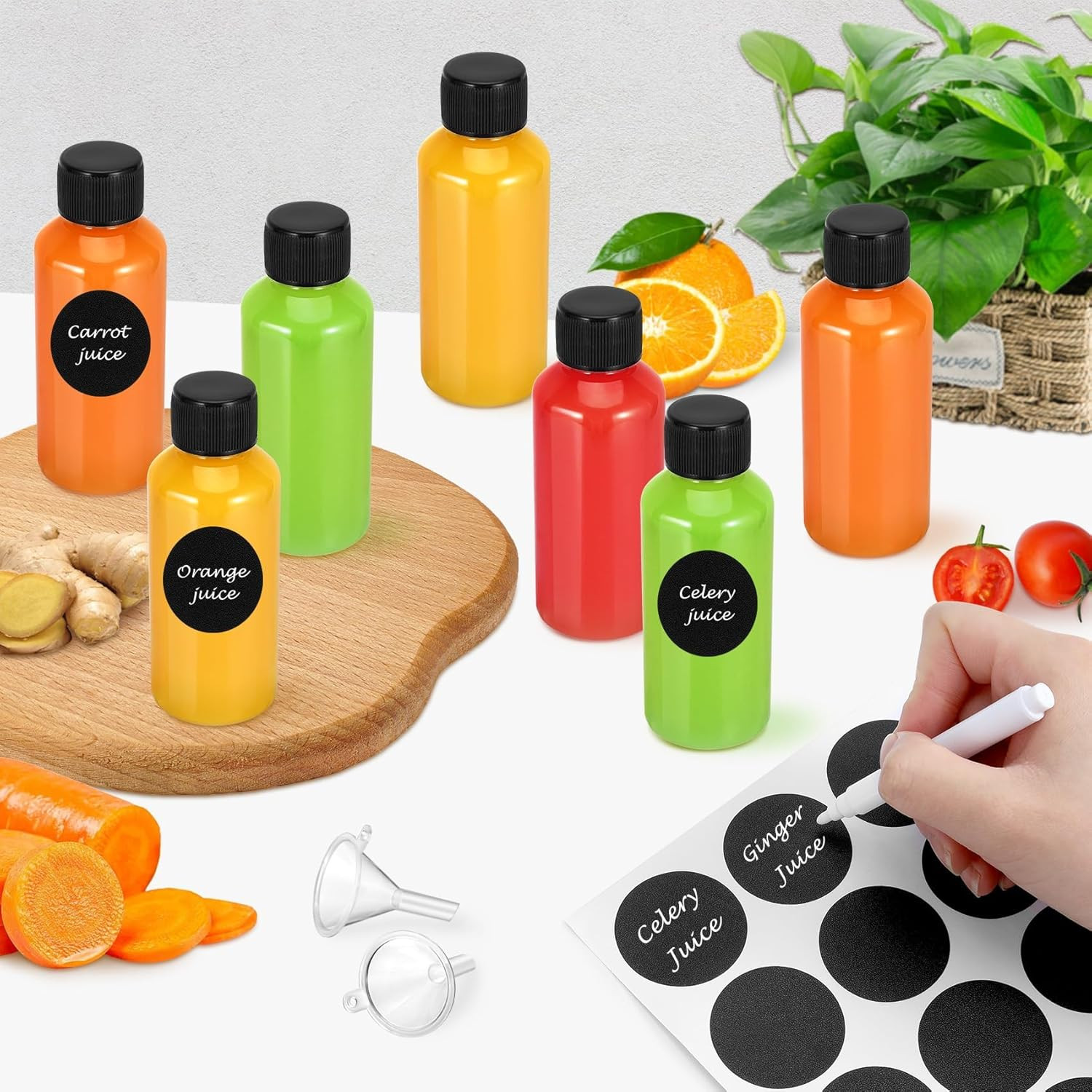 16 Pack 2 Oz Shot Bottles with Caps, Mini Reusable Plastic Ginger Shots Bottle L