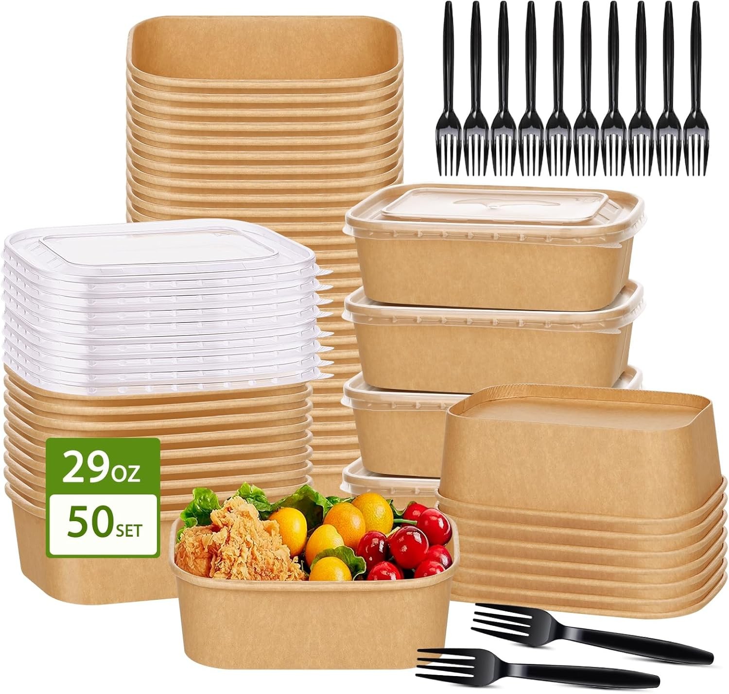 50-Pack 29oz Disposable Kraft Paper Bowls with Lids & Forks Meal Prep Container