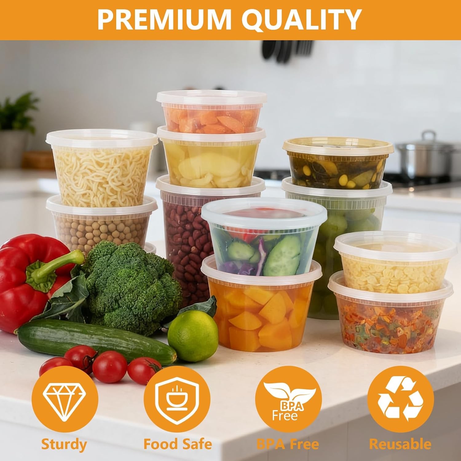 96 Pack 192-Piece Deli Containers W/ Lids 32/16/12/8 oz X 24 Set Each Leak-Proof
