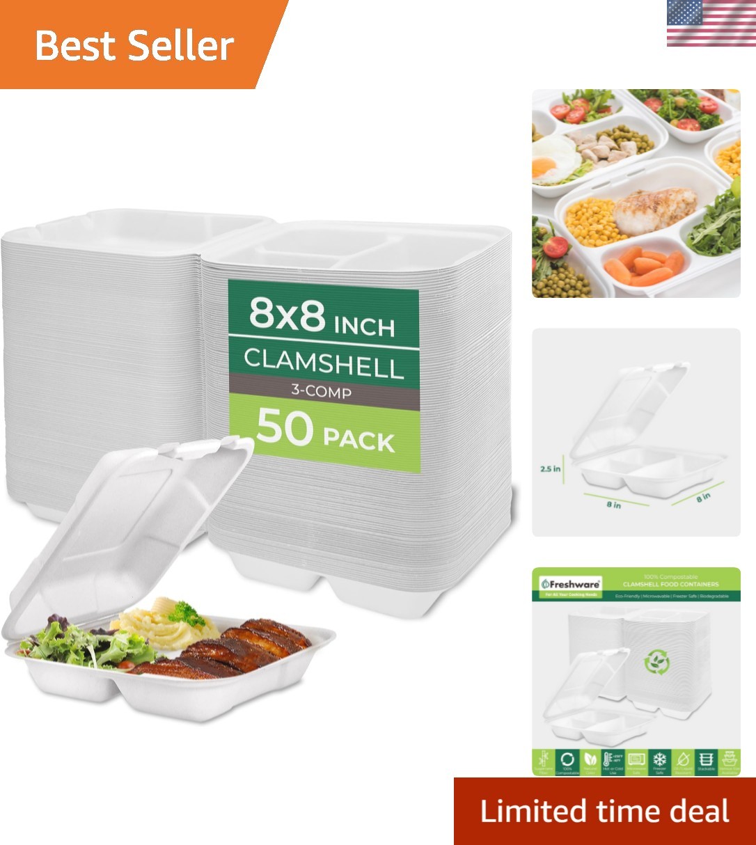 Compostable Clamshell Food Containers [8×8″] 3-Compartment 50-Pack, Disposabl…