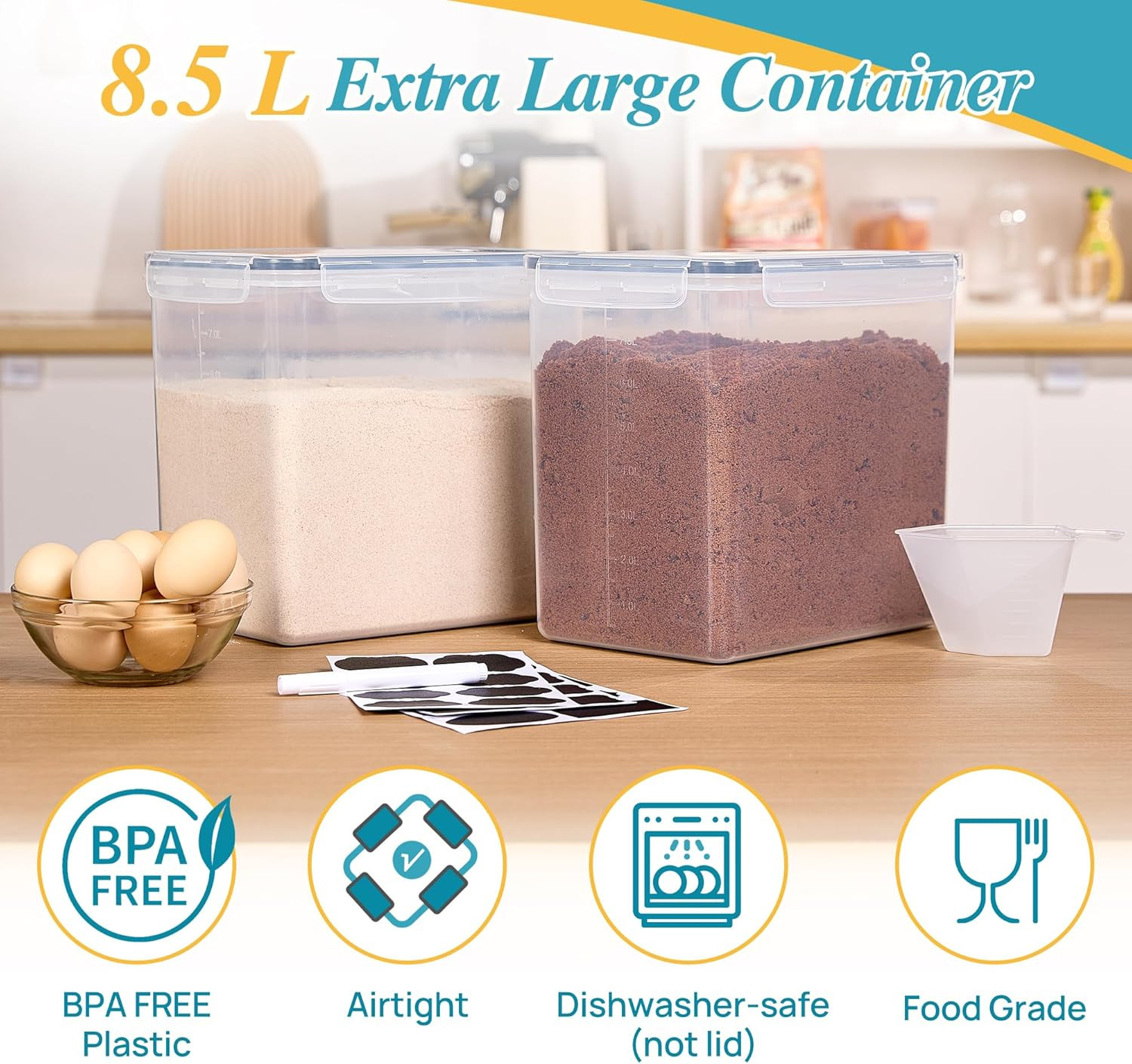 8.5L 2 Pack Extra Large Flour Sugar Storage Containers for 20Lbs Flour, Airtight