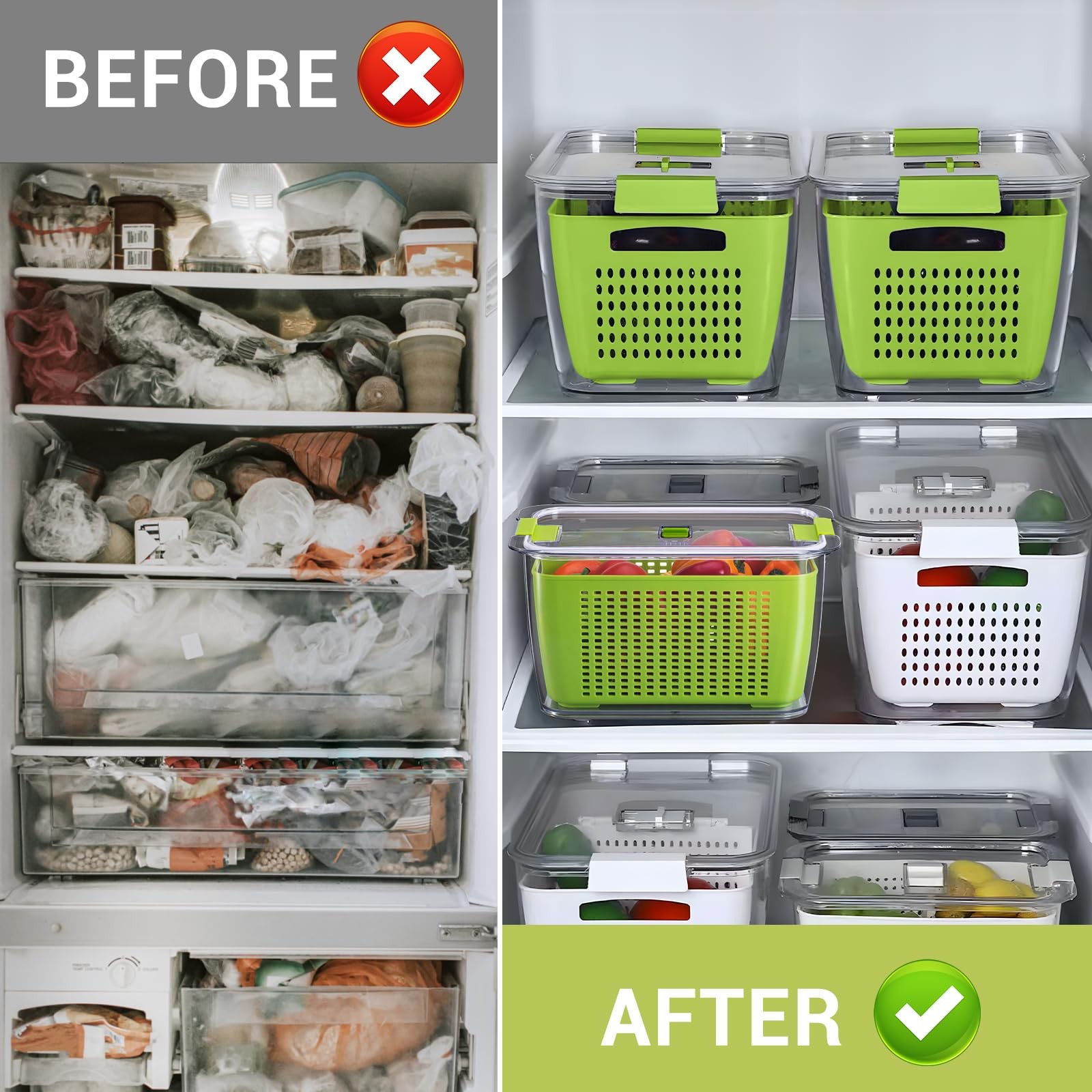 LUXEAR Fruit Vegetable Storage Container, 4 Pack Fresh Containers for Fridge wit