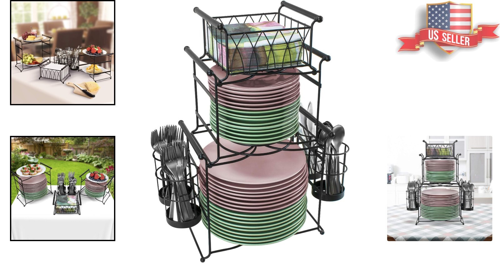 Buffet Caddy – 7-Piece Set – Plate, Napkin, and Silverware Holder – Carbon Steel