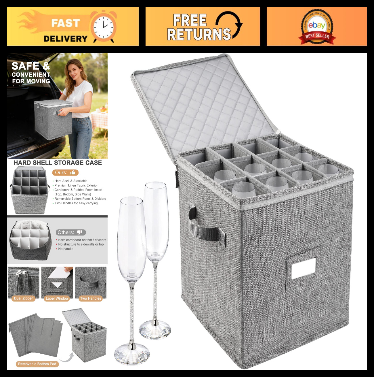 Stackable Champagne Flute Storage Box – Hard Shell, 12″ Tall, Dividers & Handles