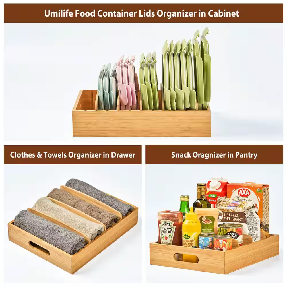 Bamboo 1-Shelf Natural Adjustable Compartment Food Container Lids Organizer Draw