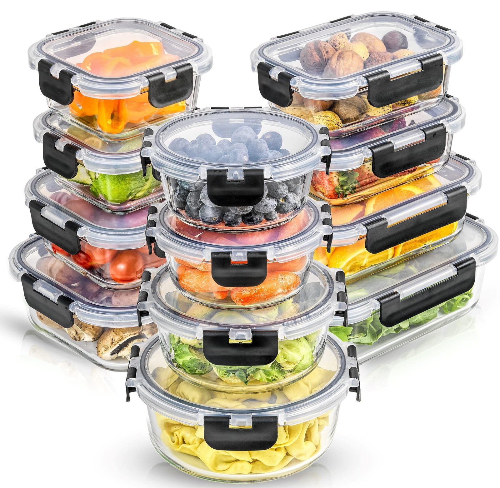 JoyJolt 24pc Borosilicate Glass Storage Containers with Lids | 12 Black
