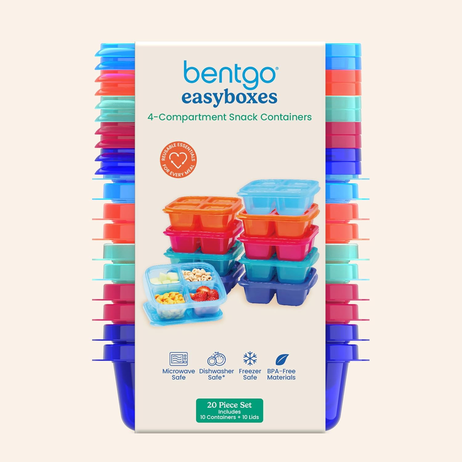 Bentgo Easyboxes 4-Compartment Snack Containers – 4 Trays & 4 Custom-Fit Lids to