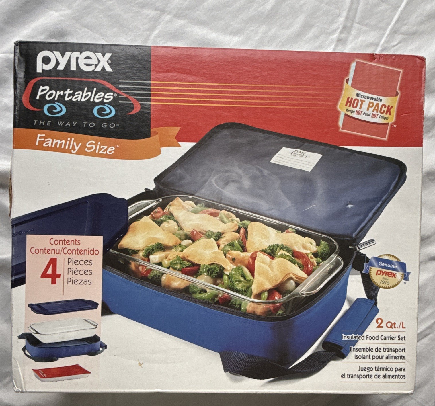 Pyrex Portables Family Size 2 Qt 4pc Insulated Carrier Set Blue Snap Lid NIB