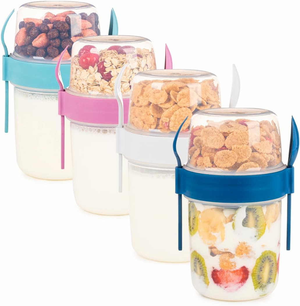 4 Pack on the Go 22 Oz Breakfast Cups with Lids and Spoon, Reusable Cereal Yo…