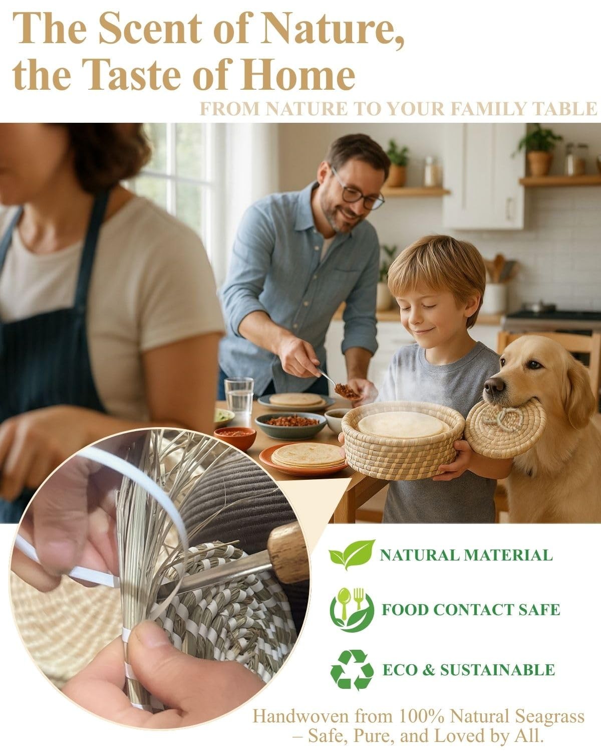 Handwoven Seagrass Tortilla Warmer Basket with Lid, 9.6″ Breathable Natural T…