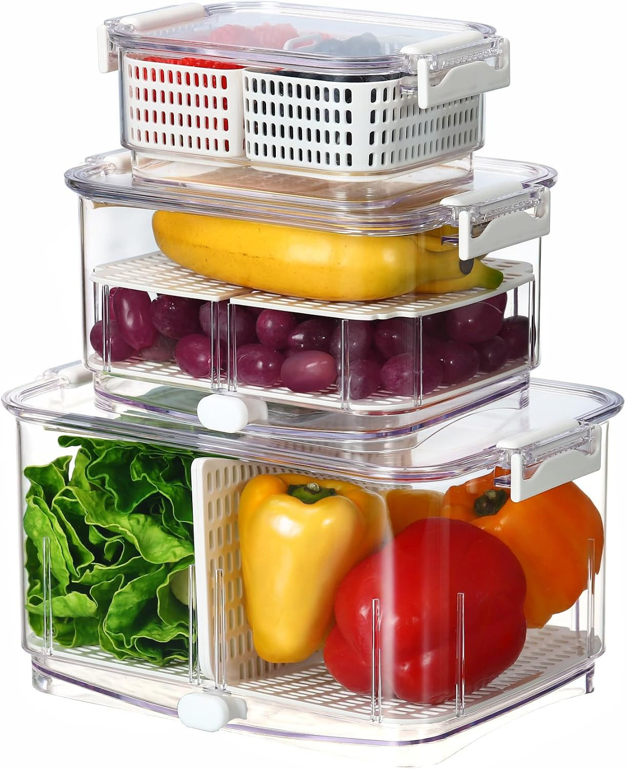Duo Fresh Produce Saver for Fridge, Fruit Vegetable Container with Vent & Draina