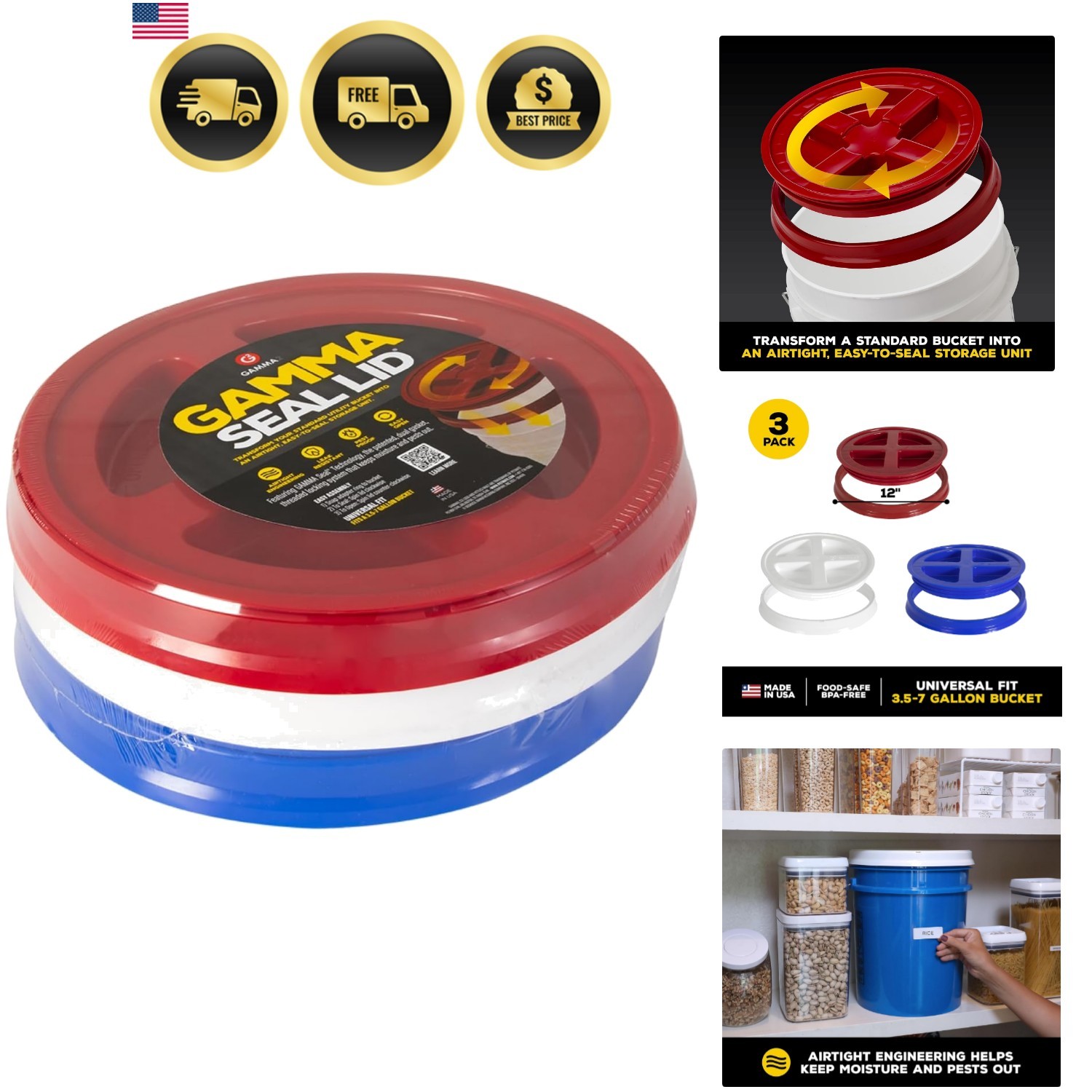 Gamma Seal Lid 3 Pack Combo for Buckets Food Storage Pet Feed Airtight