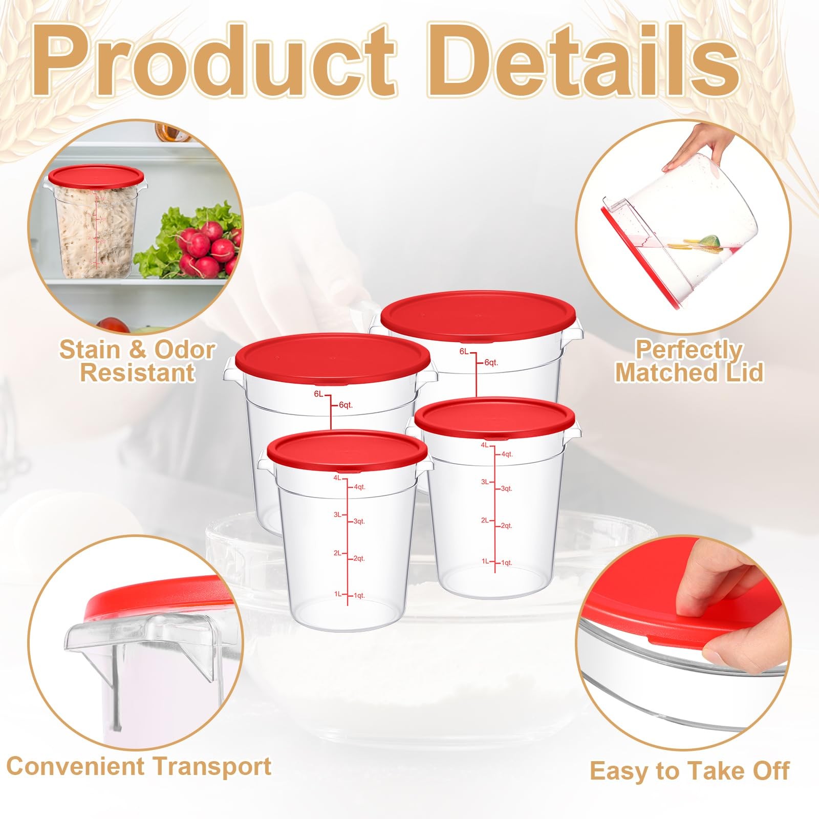 4 Set 6 Quart 4 Qt Round Food Storage Containers with Lids Clear Proofing Con…