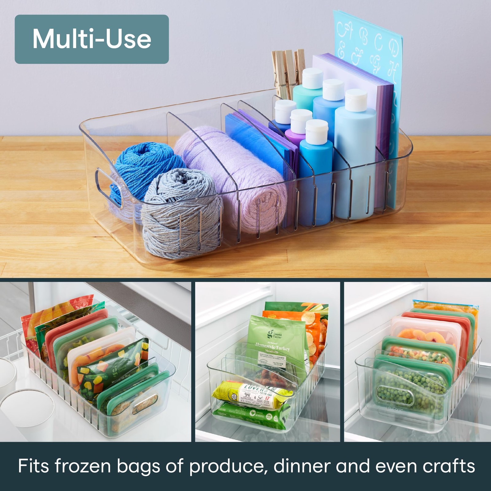 FreezeUp Freezer Bin 15″, BPA-Clear Fridge Organizer with Adjustable Dividers.