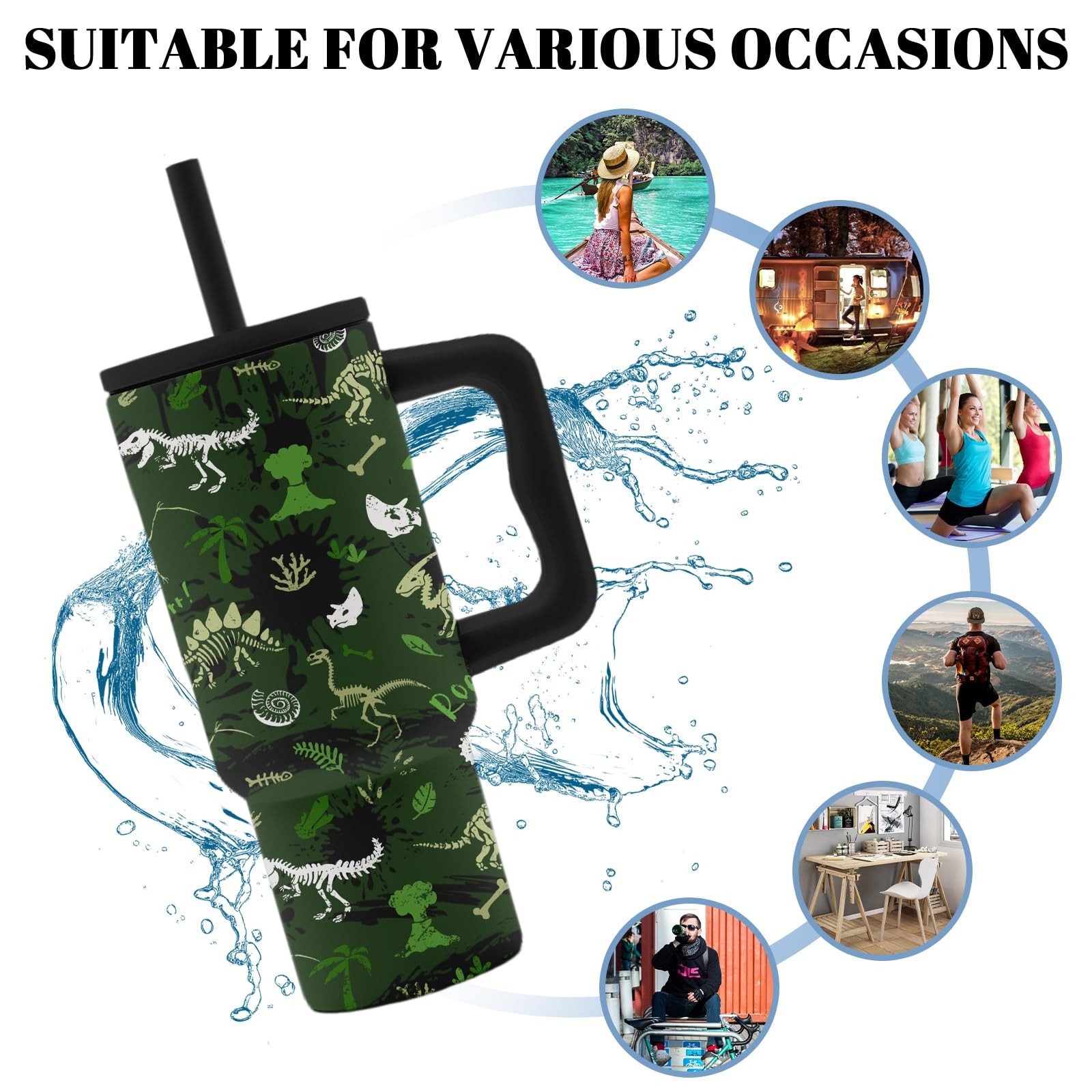 Hiboss Dinosaur Gifts For Kids Green Dinosaurs Tumbler Handle And Straw 24 Oz