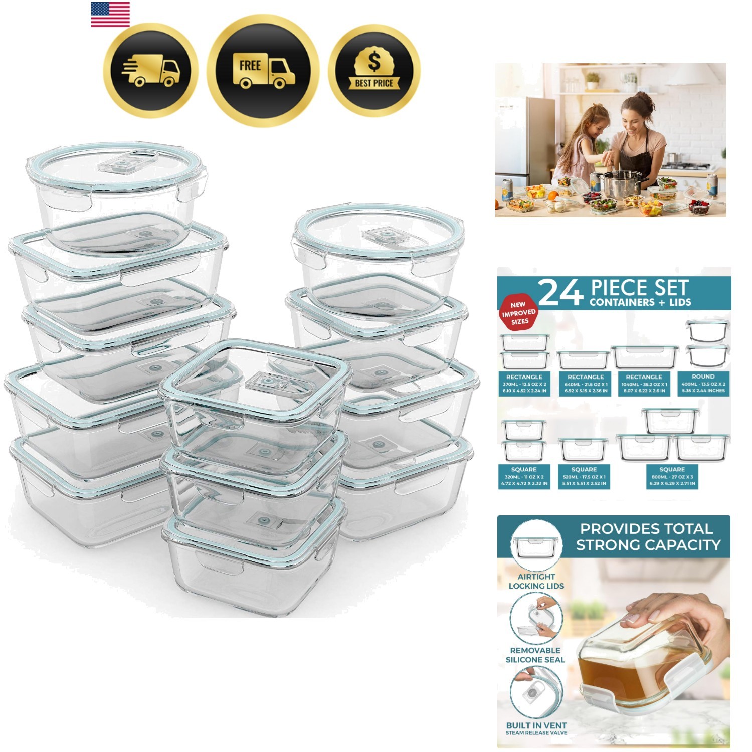 Airtight Glass Food Storage Containers Set – 24 Pcs Leakproof Meal Prep
