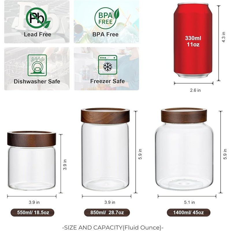 Airtight Glass Cookie Jar Food Storage Container W/ Wood Lid Dishwasher Safe New