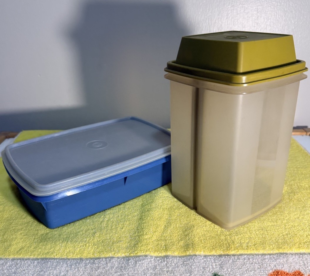 Tupperware blue & green storage containers. Pickle keeper and craft box. Vintage