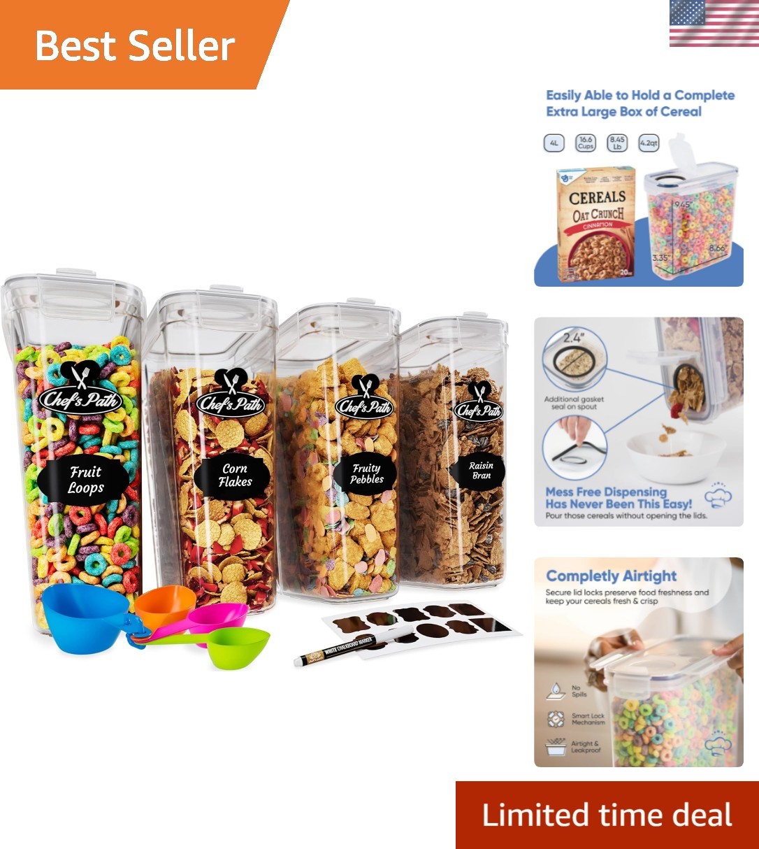 4L Cereal Container Set with Labels & Spoons – Organized Kitchen Bliss