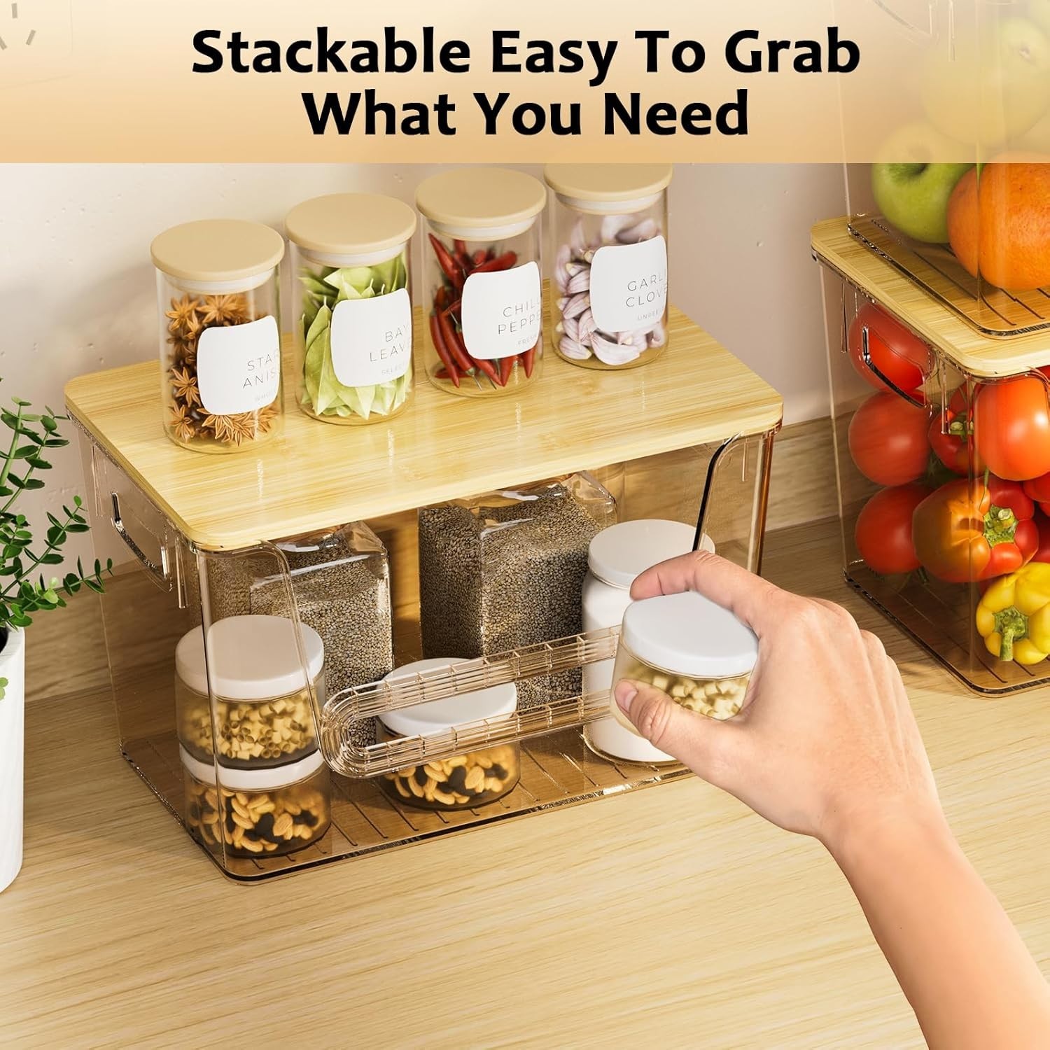2 Set Pantry Organizer Trash Bag Dispenser Bamboo Top Potato Onion Storage Amber