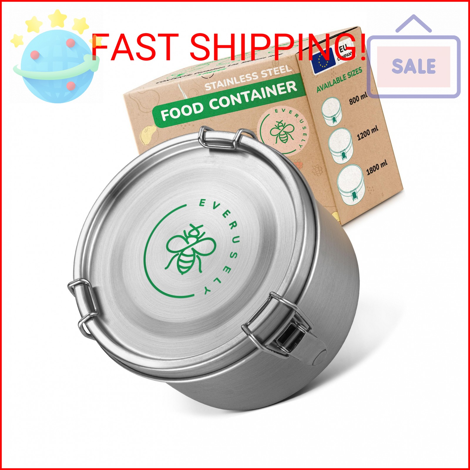 Stainless Steel Food Storage Container with Lid – 60 oz / 1.8 L – Metal Lunch Bo