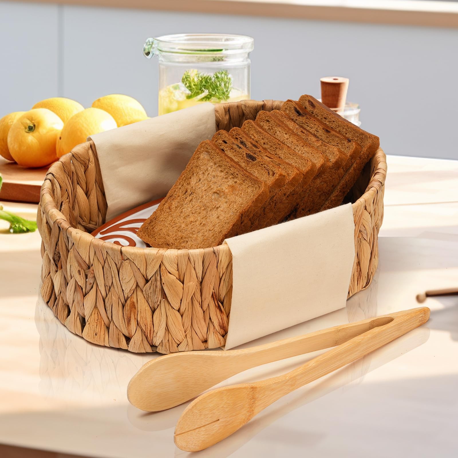 Bread Warmer Basket with Stone – Includes Linen Towel and Clips,Bread Baskets…