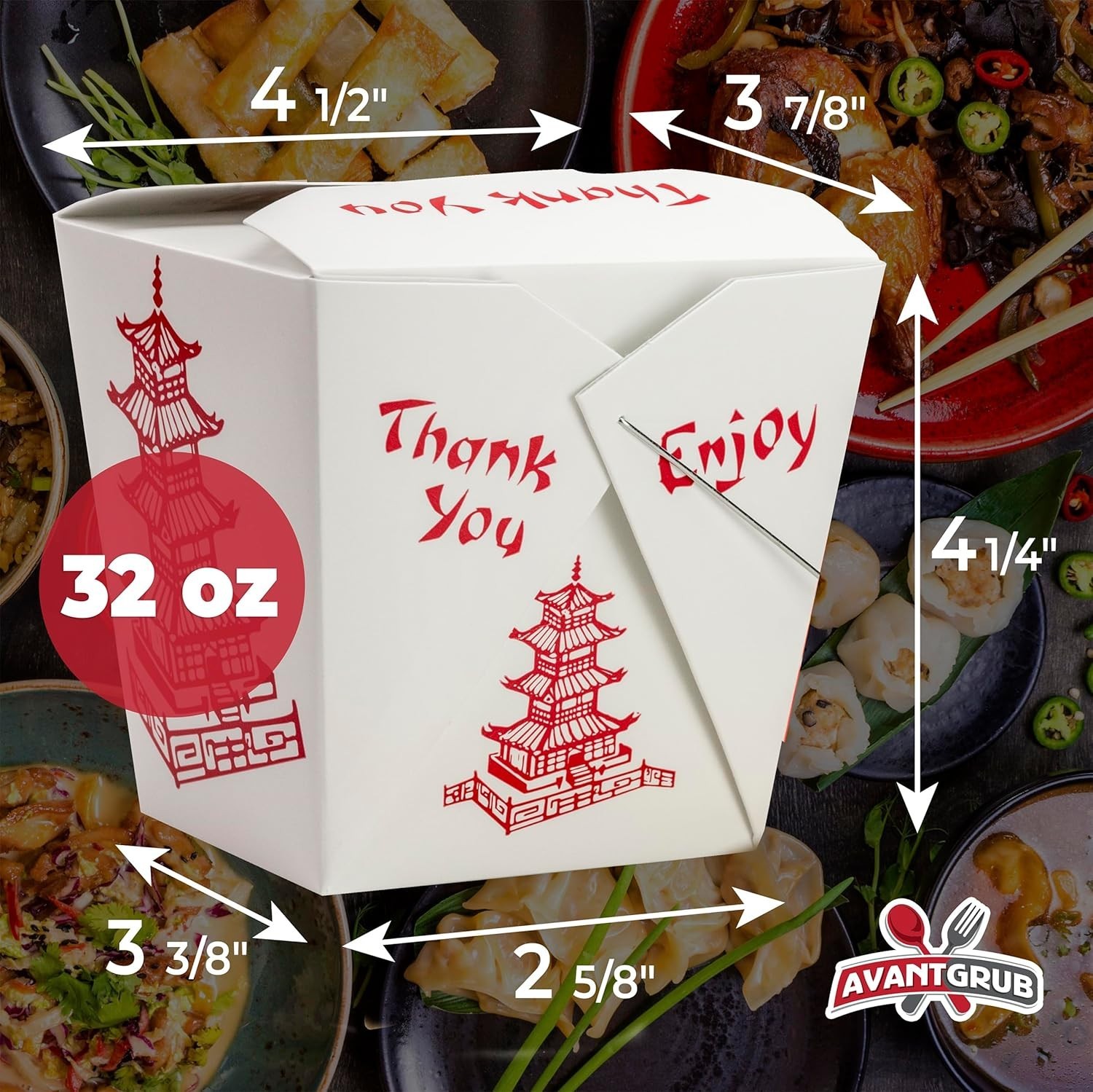 Avant Grub Durable 32 Oz Chinese Take Out Boxes. 25Pk Food Containers with 25Pk