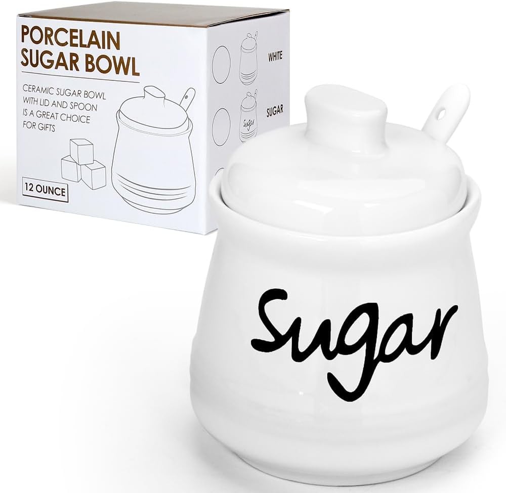 Ceramic Sugar Bowl with Lid and Spoon, 12 Ounces Porcelain 12ounce, White