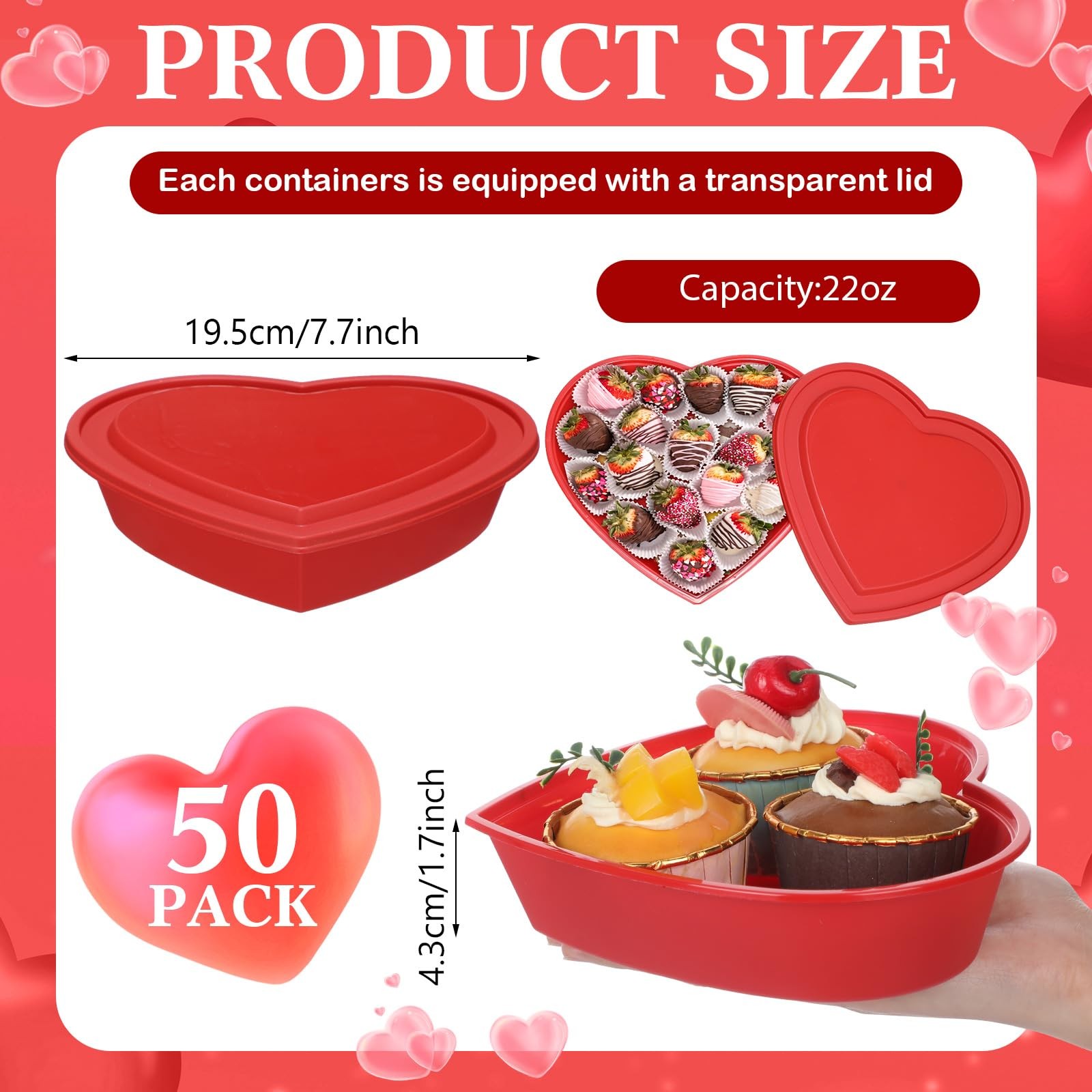 50 Pcs 22 oz Heart Shaped Food Storage Containers with Lids Valentine Heart S…
