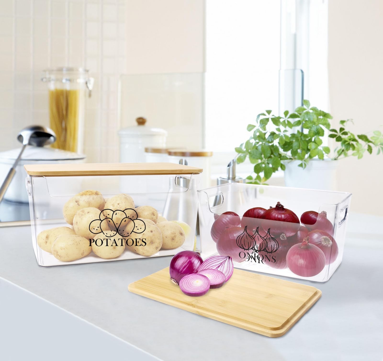Xbopetda Potato & Onion Storage, Bamboo Lid, Transparent Acrylic Bin, 2 Set S…