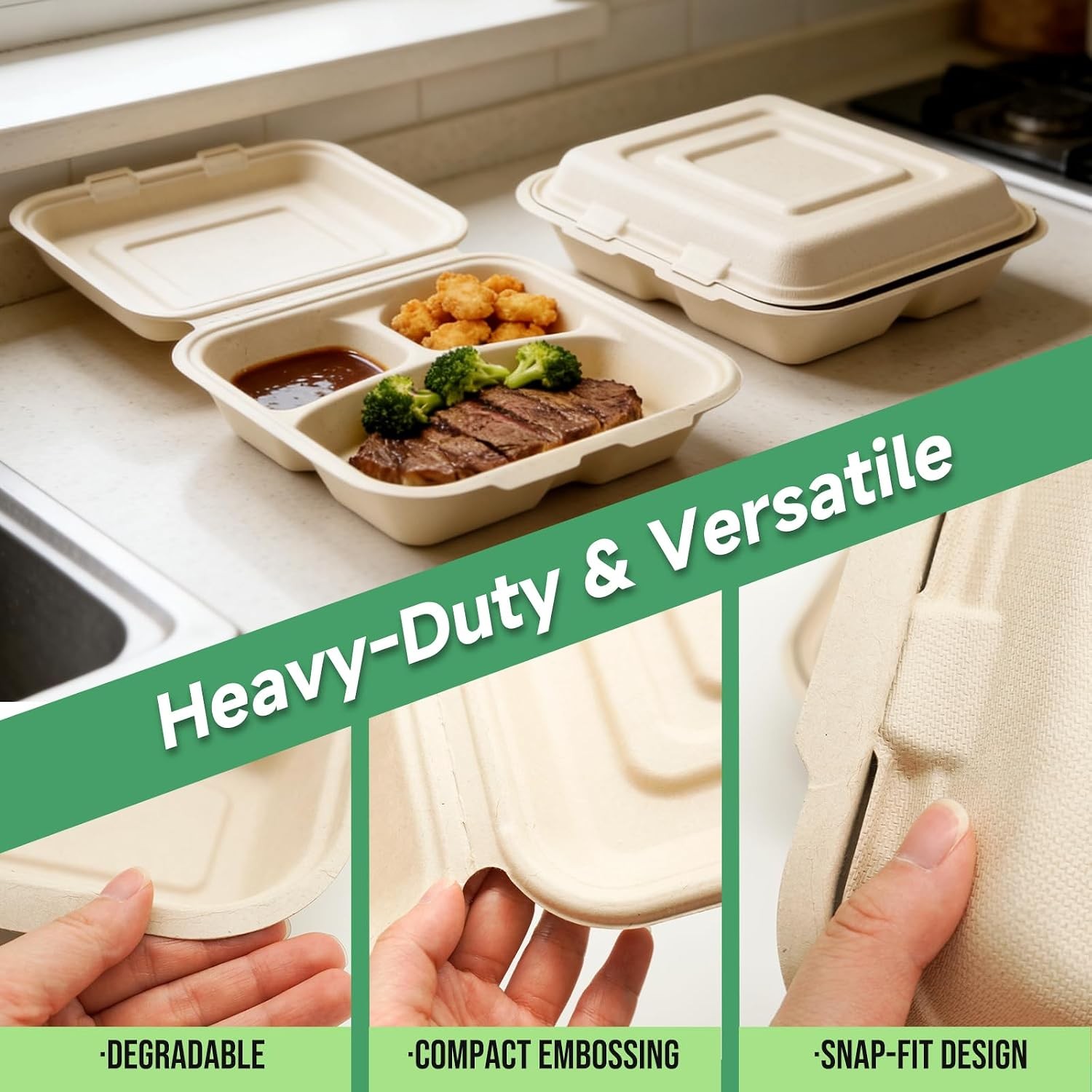To Go Boxes 75 Pack 3 Compartment Compostable Degradable in 90 days 9×9 Inch