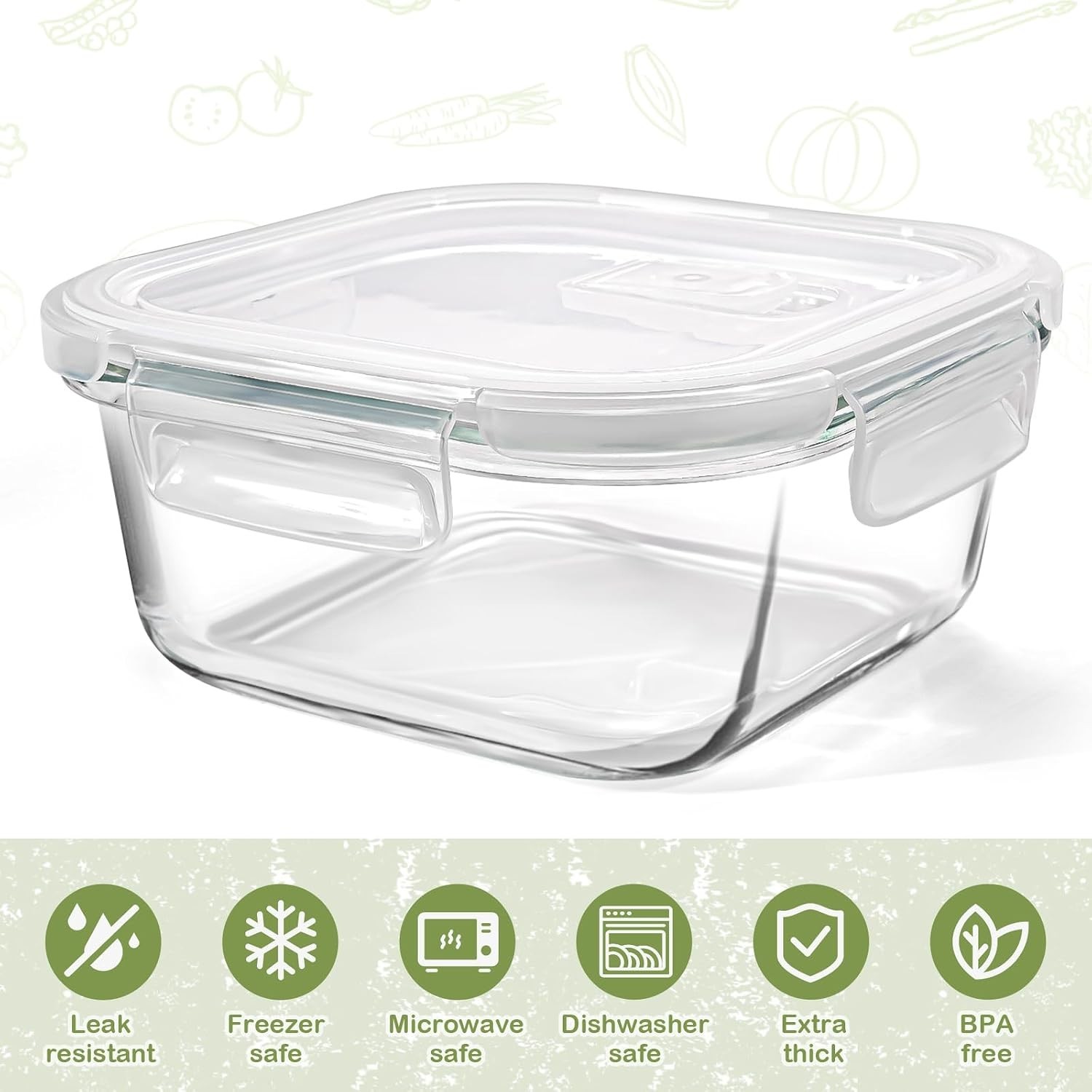 Square Glass Containers with Lids 3 Cup/24 oz, 4 Pack