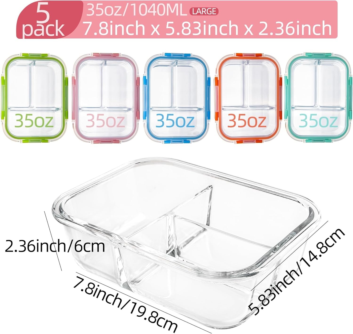 Glass Food Storage Containers 3 Compartment with Lids (5 Pack, 34oz), Divided Gl