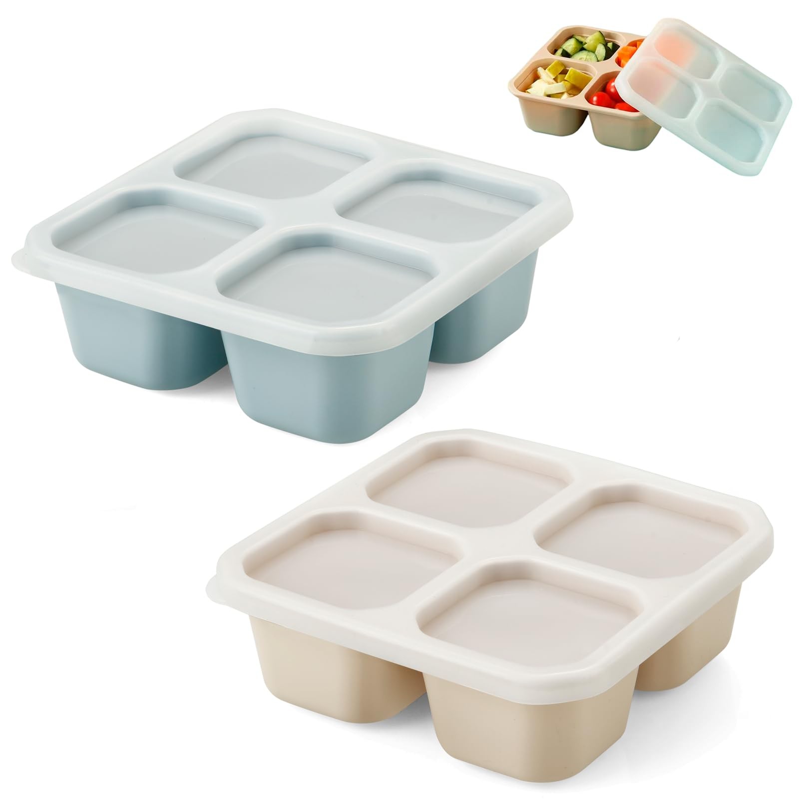 PandaEar 2 Pack Snack Containers, 4 Compartment Silicone Small, Blue&Linen