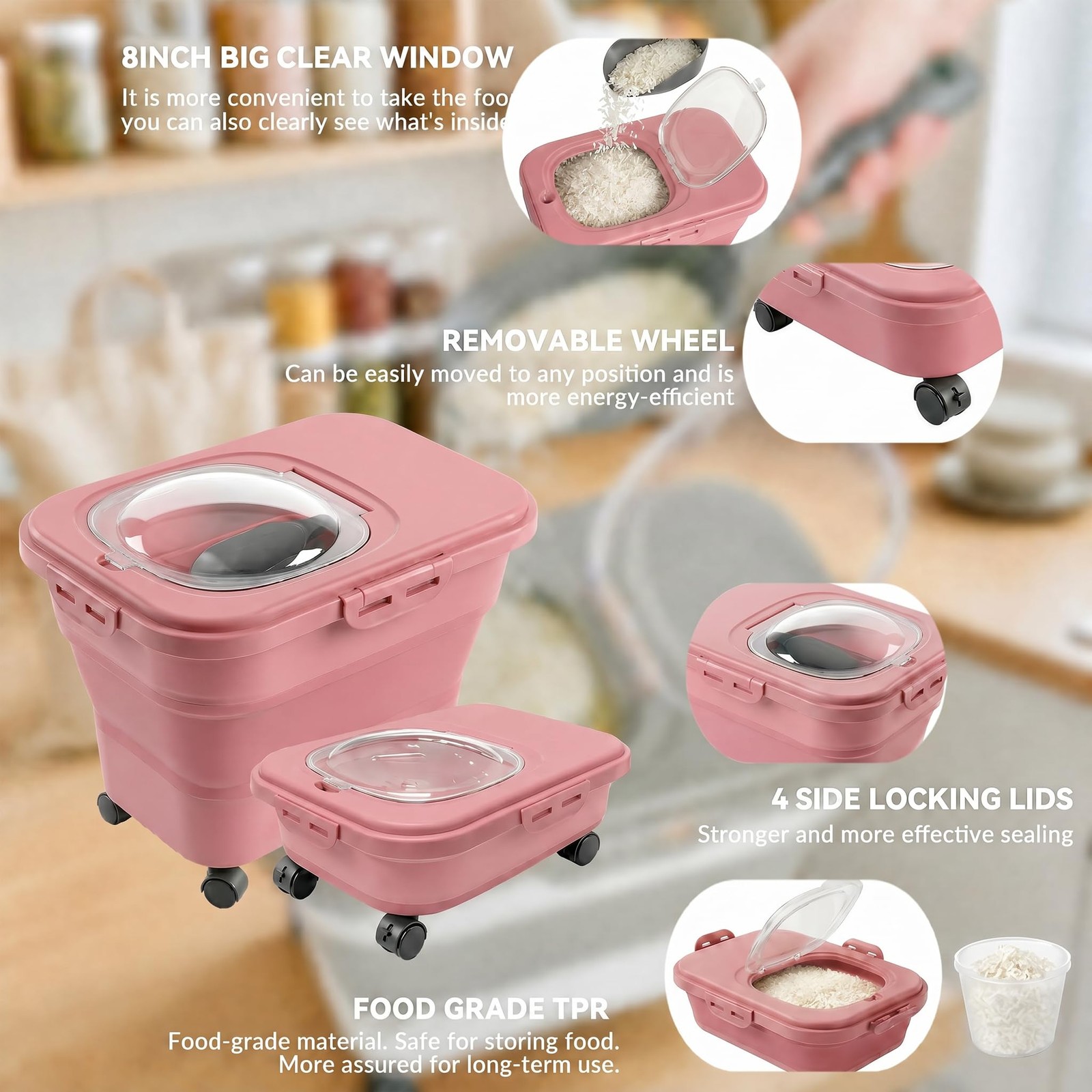 Rice Storage Container Collapsible 20-28 Lbs Food Large, Pink