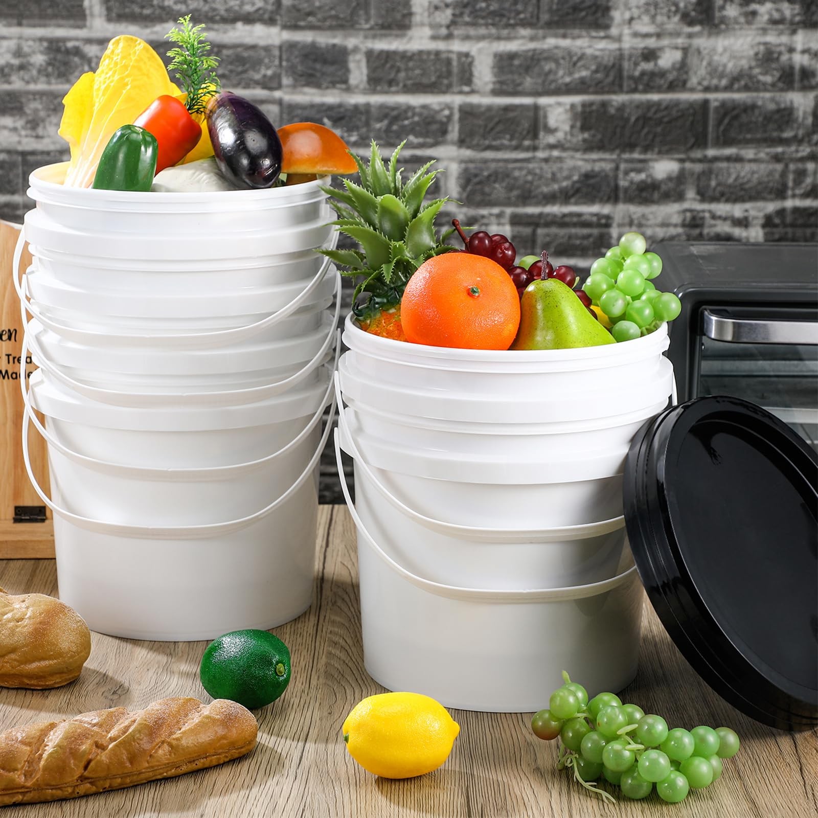 10 Pack White Plastic Bucket with Handle and Lid Food Storage Bucket Containe…