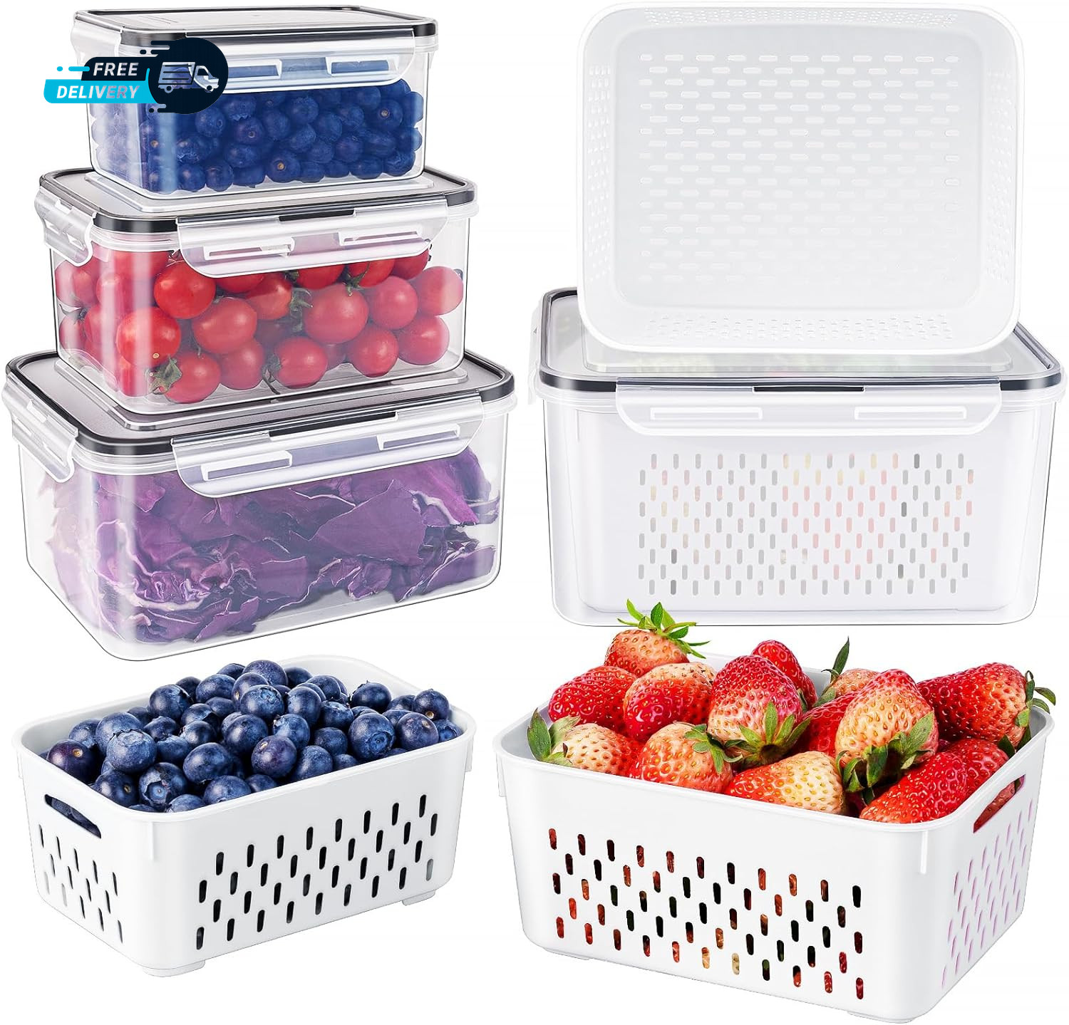 Fruit Storage Containers for Fridge with Removable Colander Airtight Food