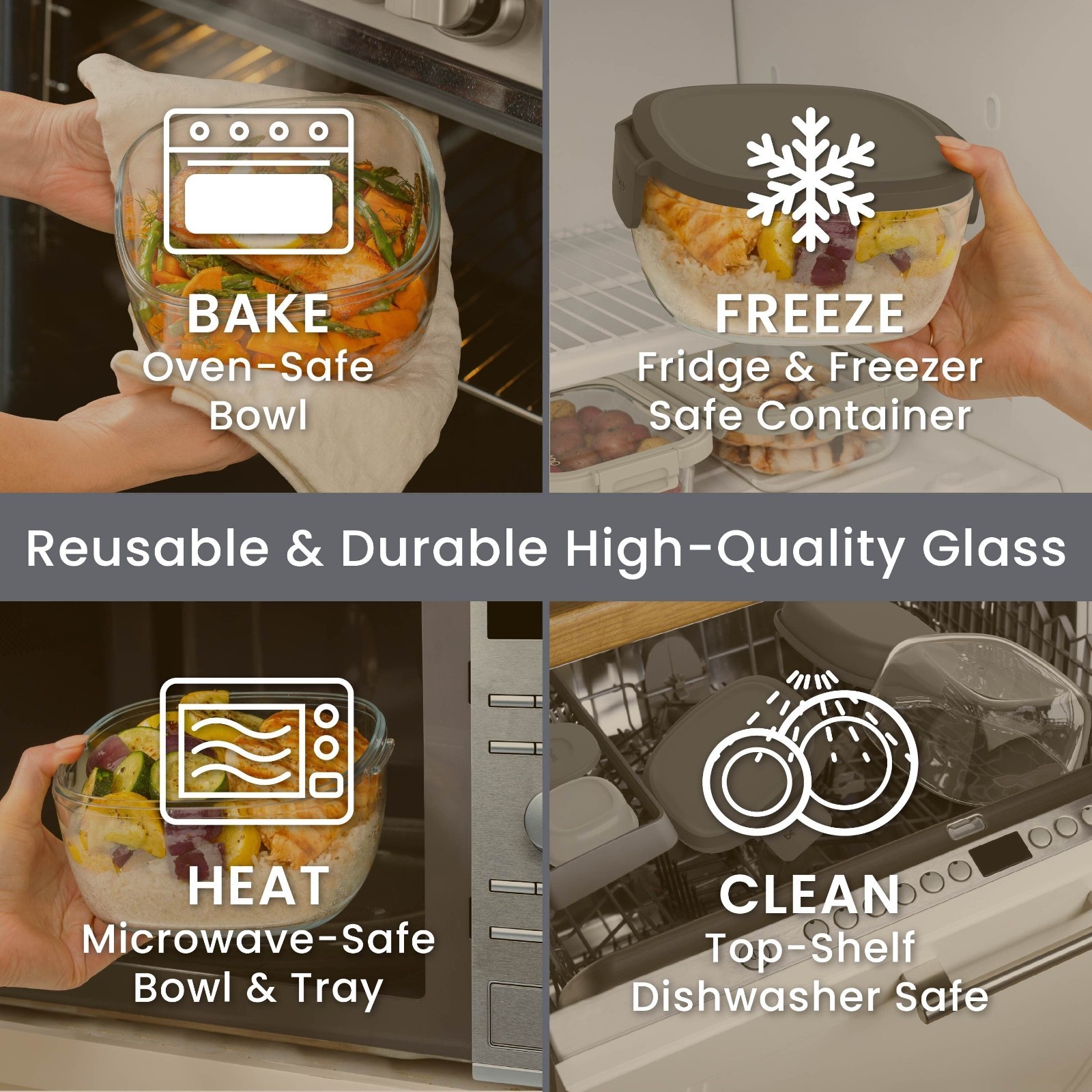 (2 pack) All-in-One Glass Salad Container 5-Compartment Dark Gray