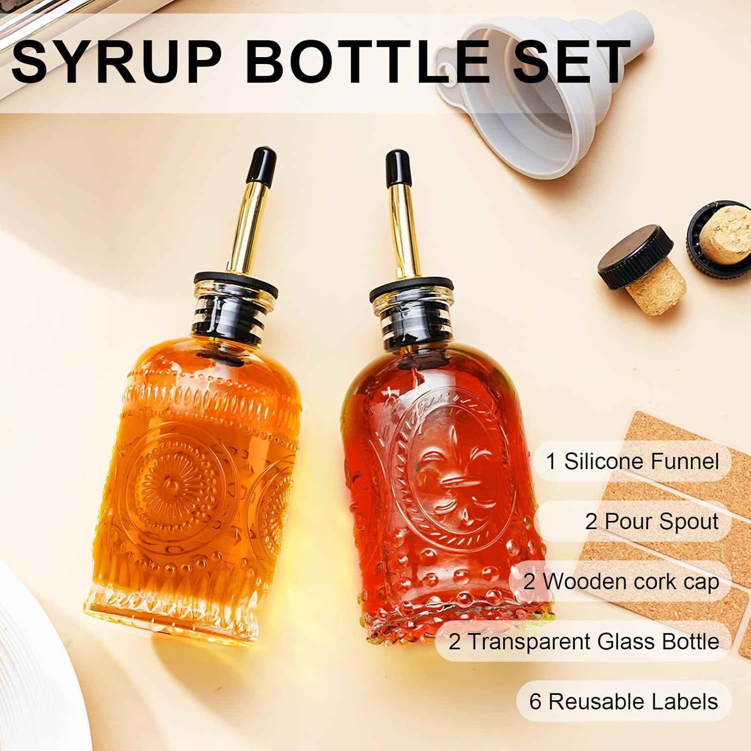 Glass Coffee Syrup Dispenser Bottles Set 2 Pack 7 OZ, Simple Syrup Bottles with